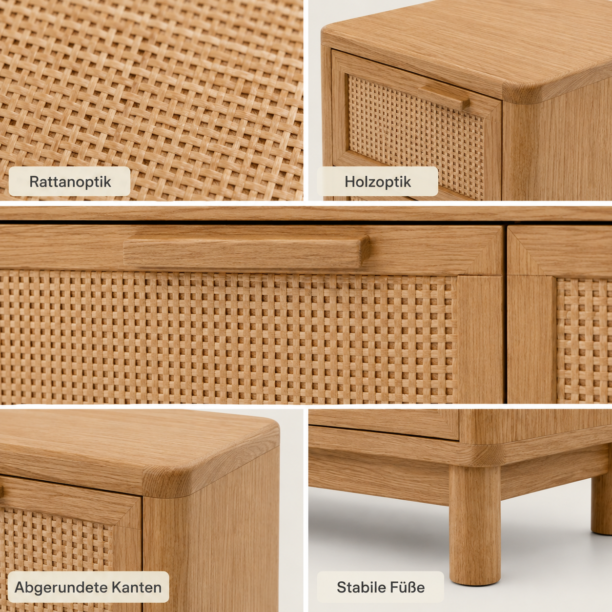 Kommode Eiche Natur mit Rattanoptik und Schubladen-SelviaModern