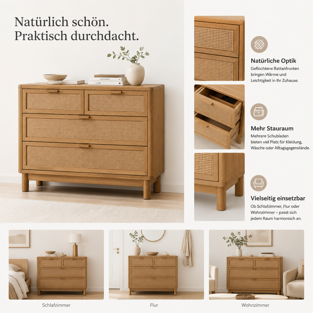 Kommode Eiche Natur mit Rattanoptik und Schubladen-SelviaModern