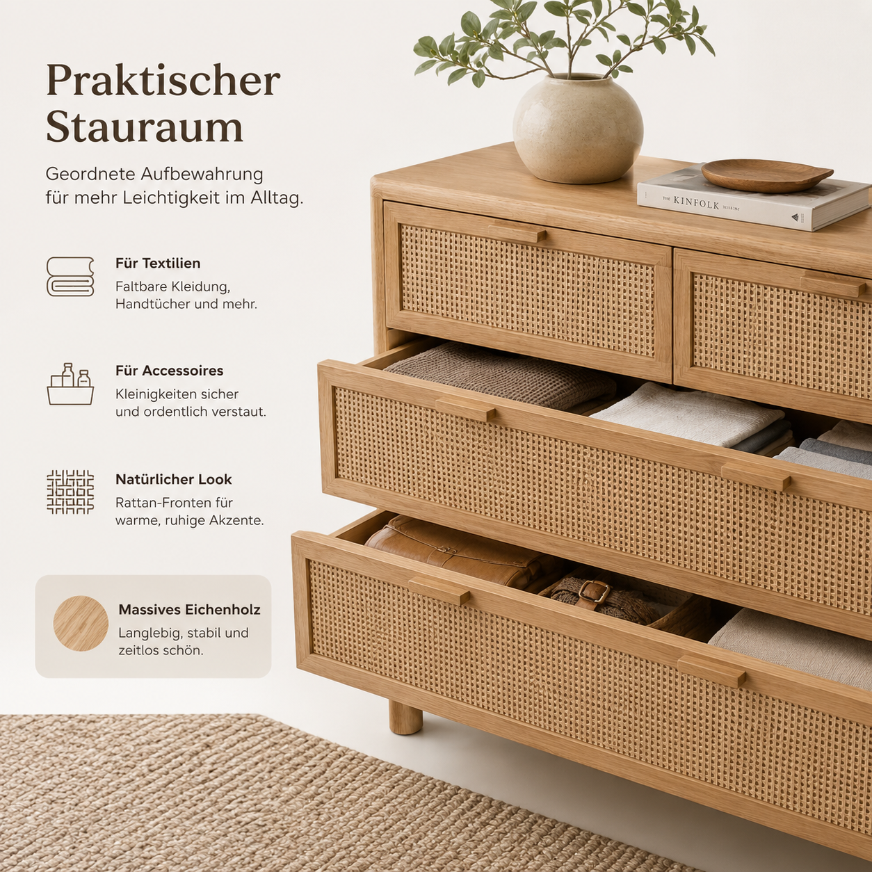 Kommode Eiche Natur mit Rattanoptik und Schubladen-SelviaModern