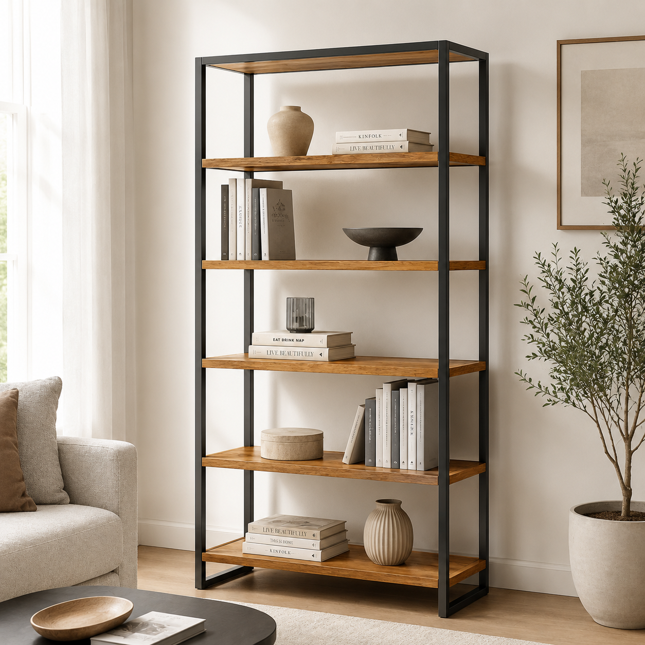 Bücherregal Schwarz mit Metallrahmen und Holzablagen-SelviaModern