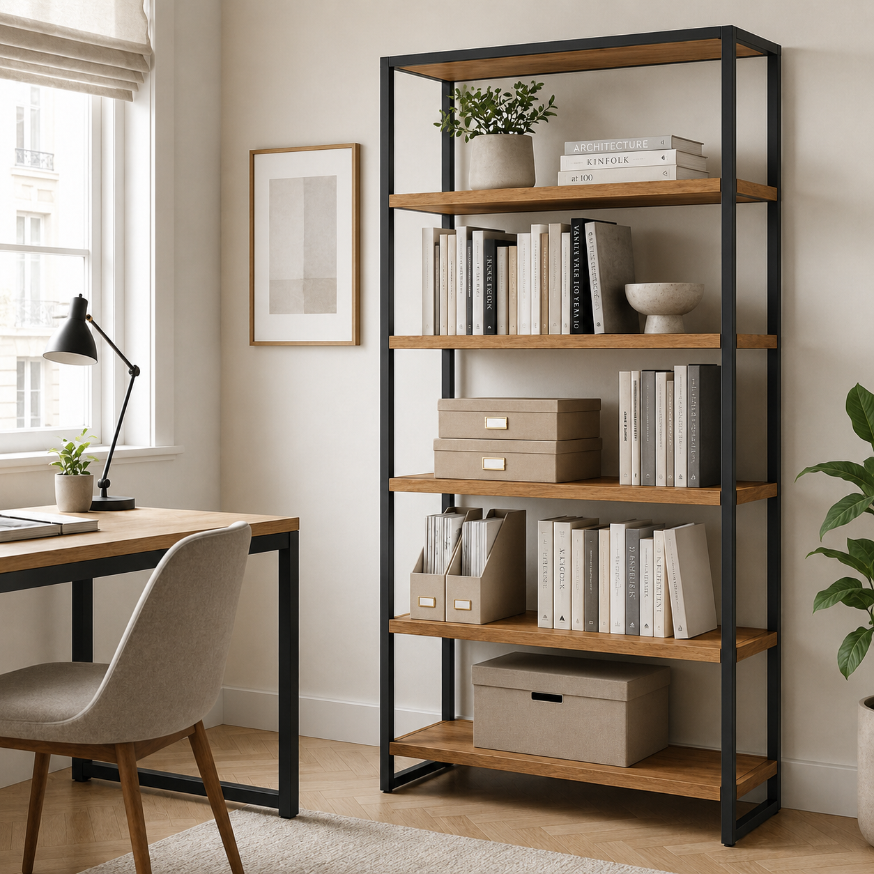 Bücherregal Schwarz mit Metallrahmen und Holzablagen-SelviaModern