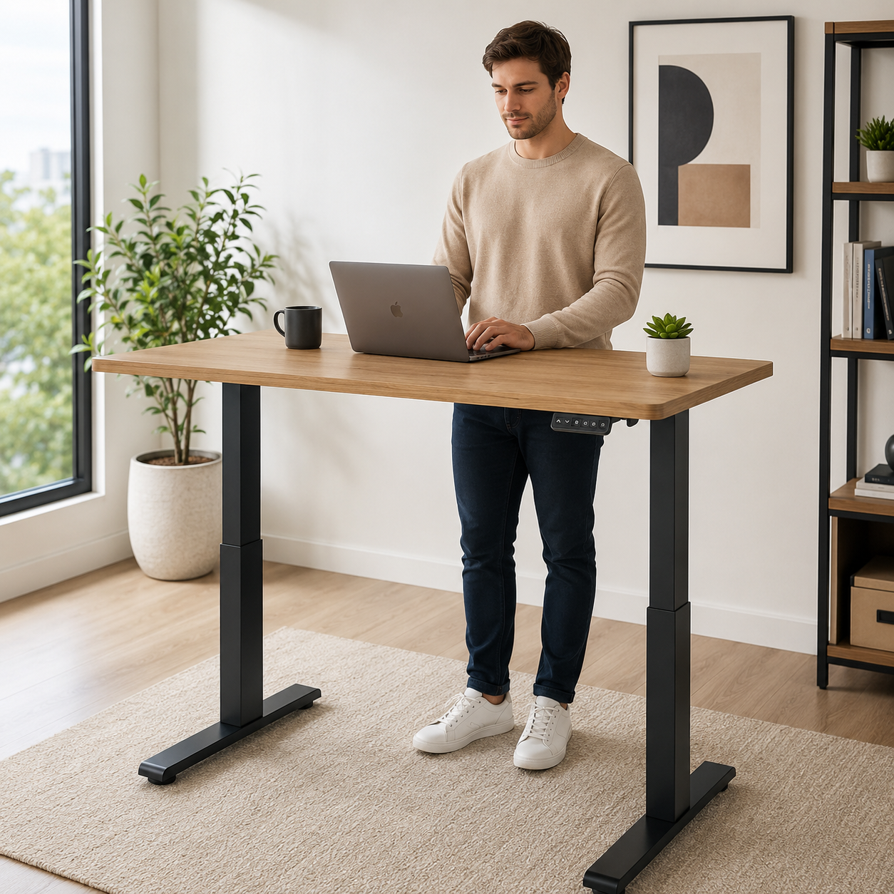 Homeoffice Schreibtisch Eiche Natur höhenverstellbar-SelviaModern