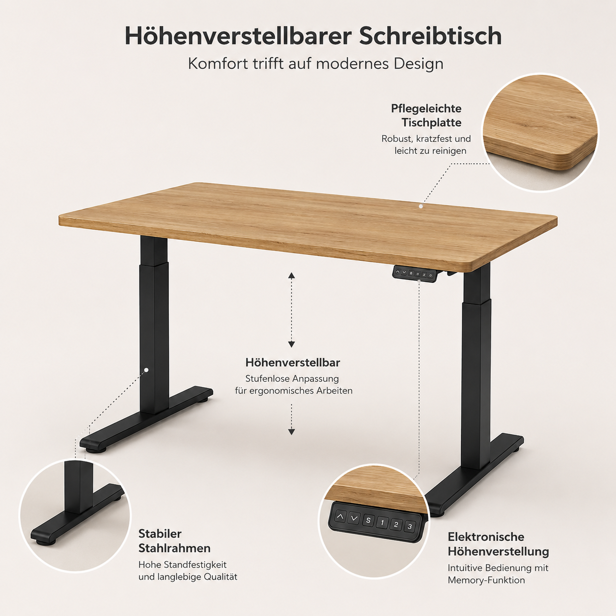 Homeoffice Schreibtisch Eiche Natur höhenverstellbar-SelviaModern