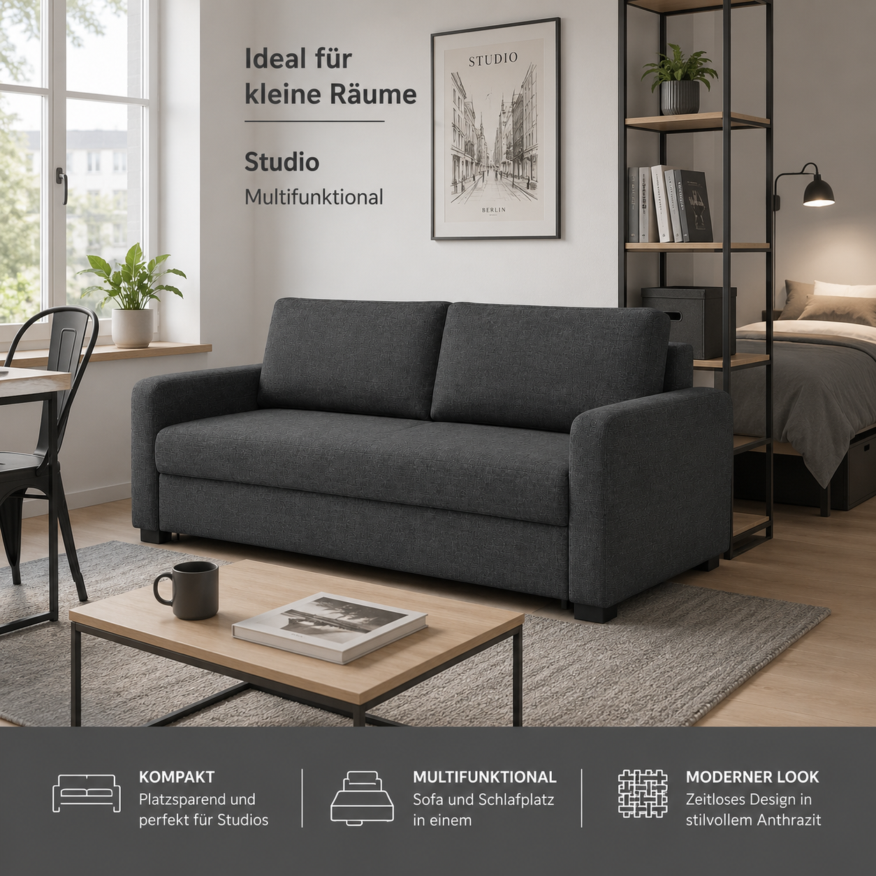Schlafsofa Anthrazit für Gästezimmer und Studio-SelviaModern