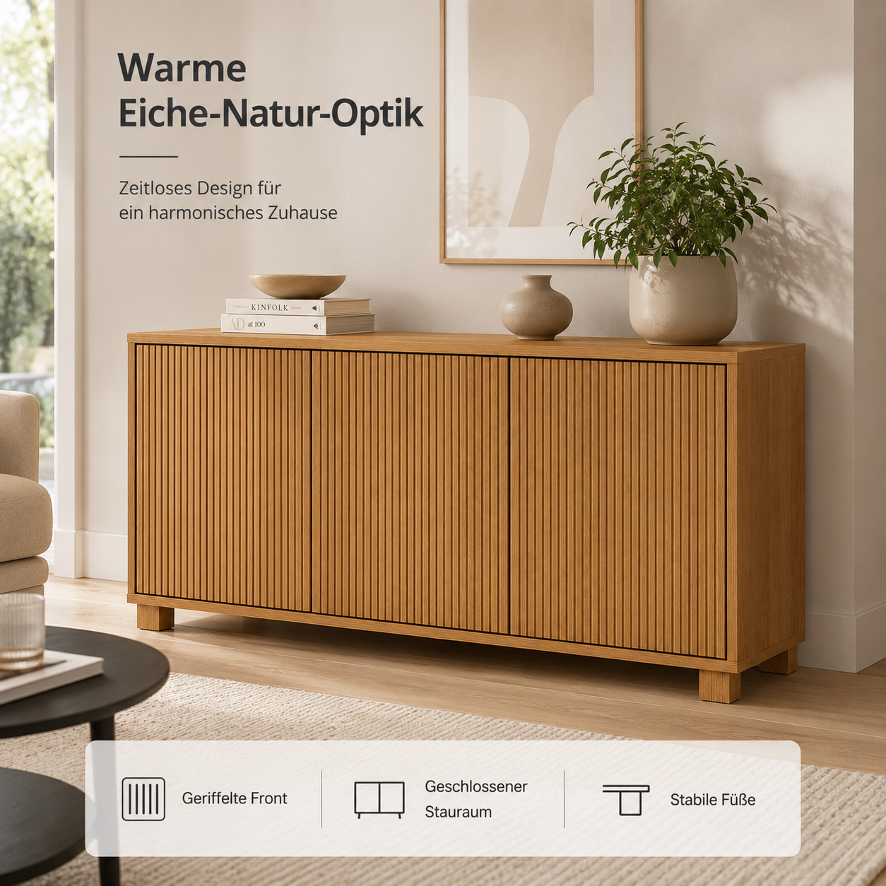 Sideboard Eiche Natur mit geriffelter Front-SelviaModern