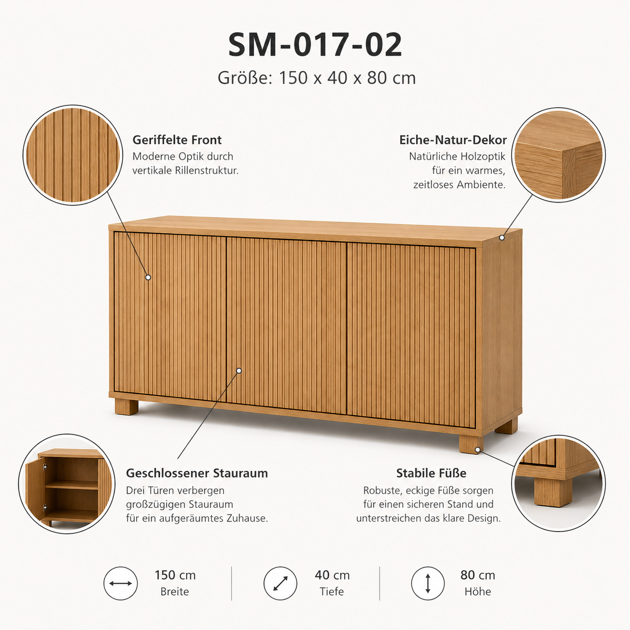 Sideboard Eiche Natur mit geriffelter Front-SelviaModern