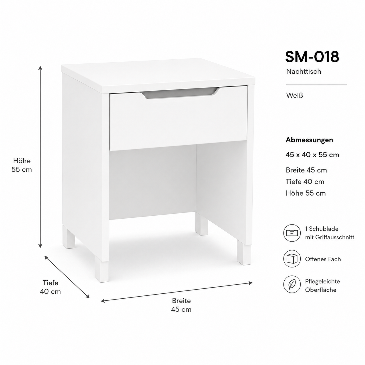 Kompakter Nachttisch 45x40x55 cm mit Schublade-SelviaModern