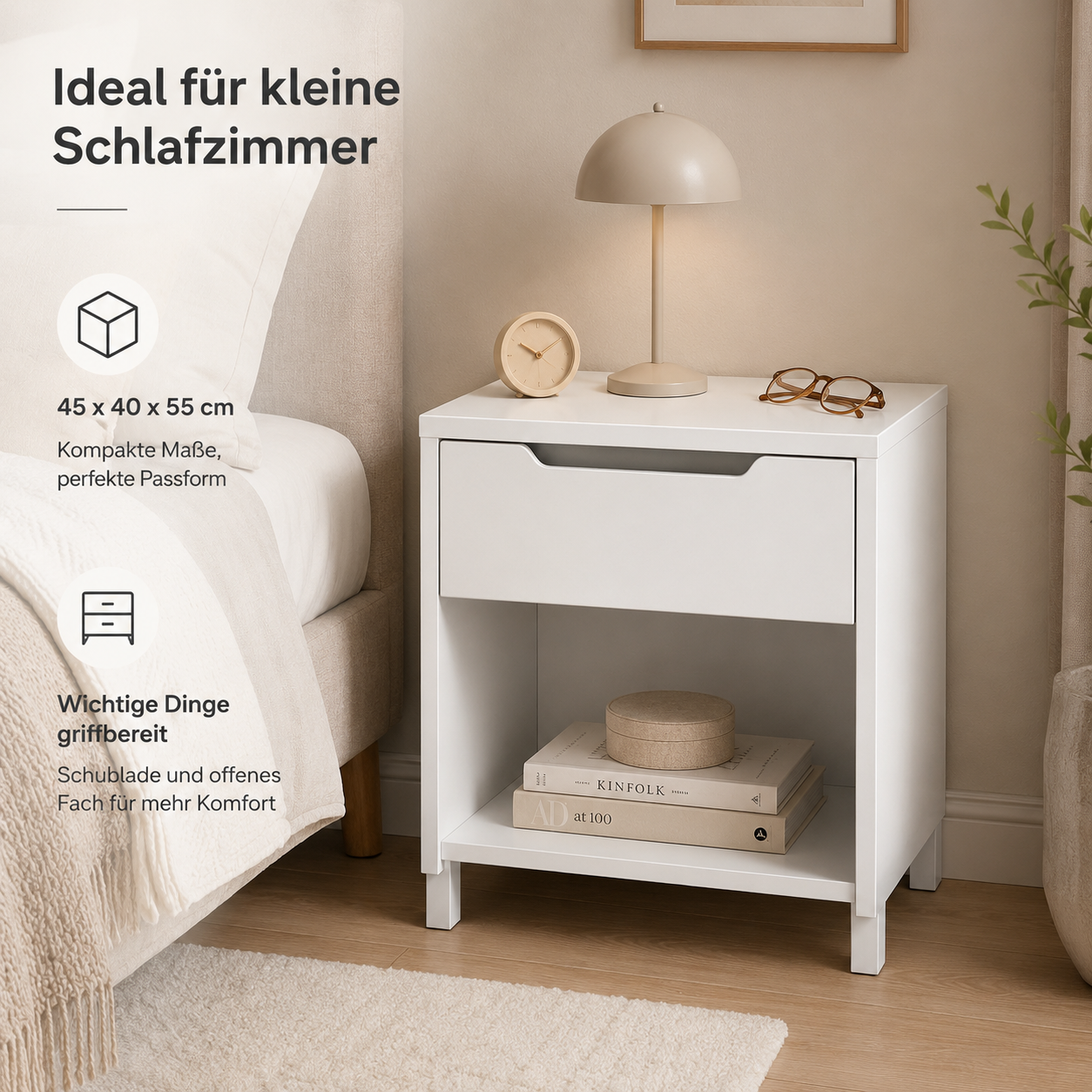 Kompakter Nachttisch 45x40x55 cm mit Schublade-SelviaModern