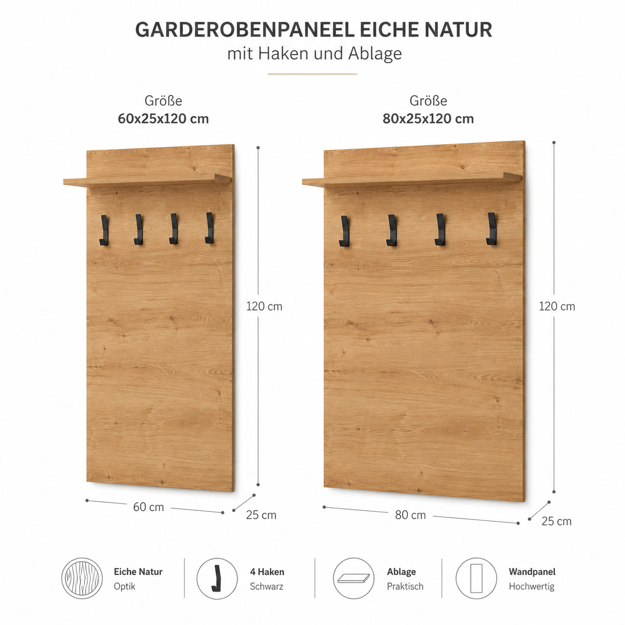 Garderobenpaneel Eiche Natur mit Haken und Ablage-SelviaModern