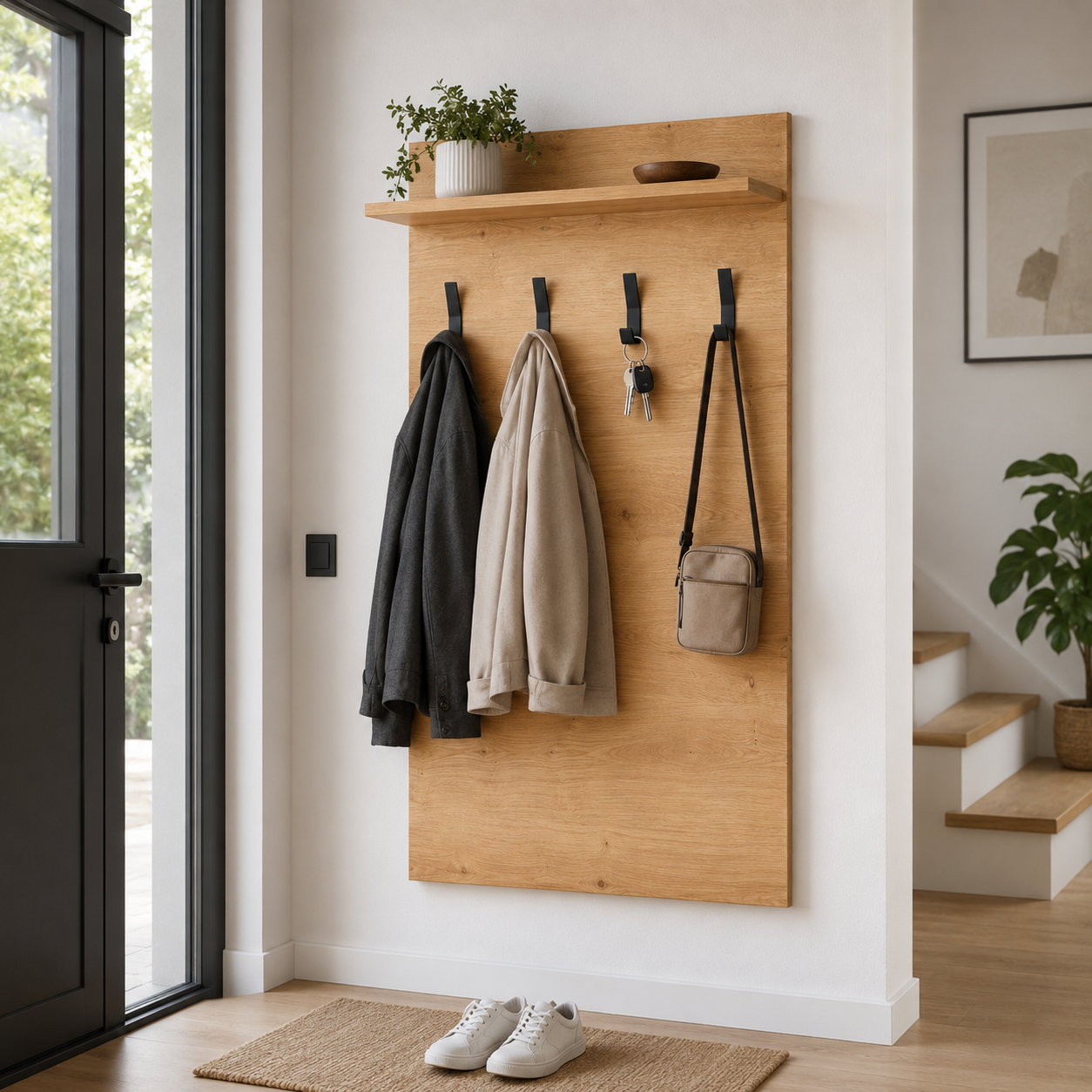 Garderobenpaneel Eiche Natur mit Haken und Ablage-SelviaModern