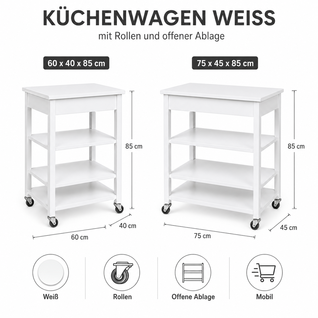 Küchenwagen Weiß mit Rollen und offener Ablage-SelviaModern