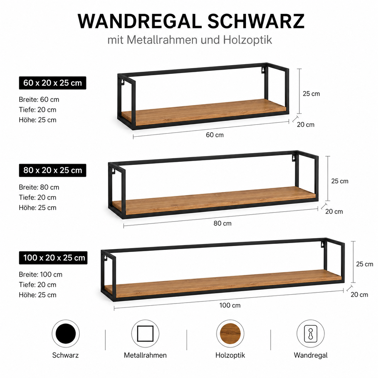 Wandregal Schwarz mit Metallrahmen und Holzoptik-SelviaModern