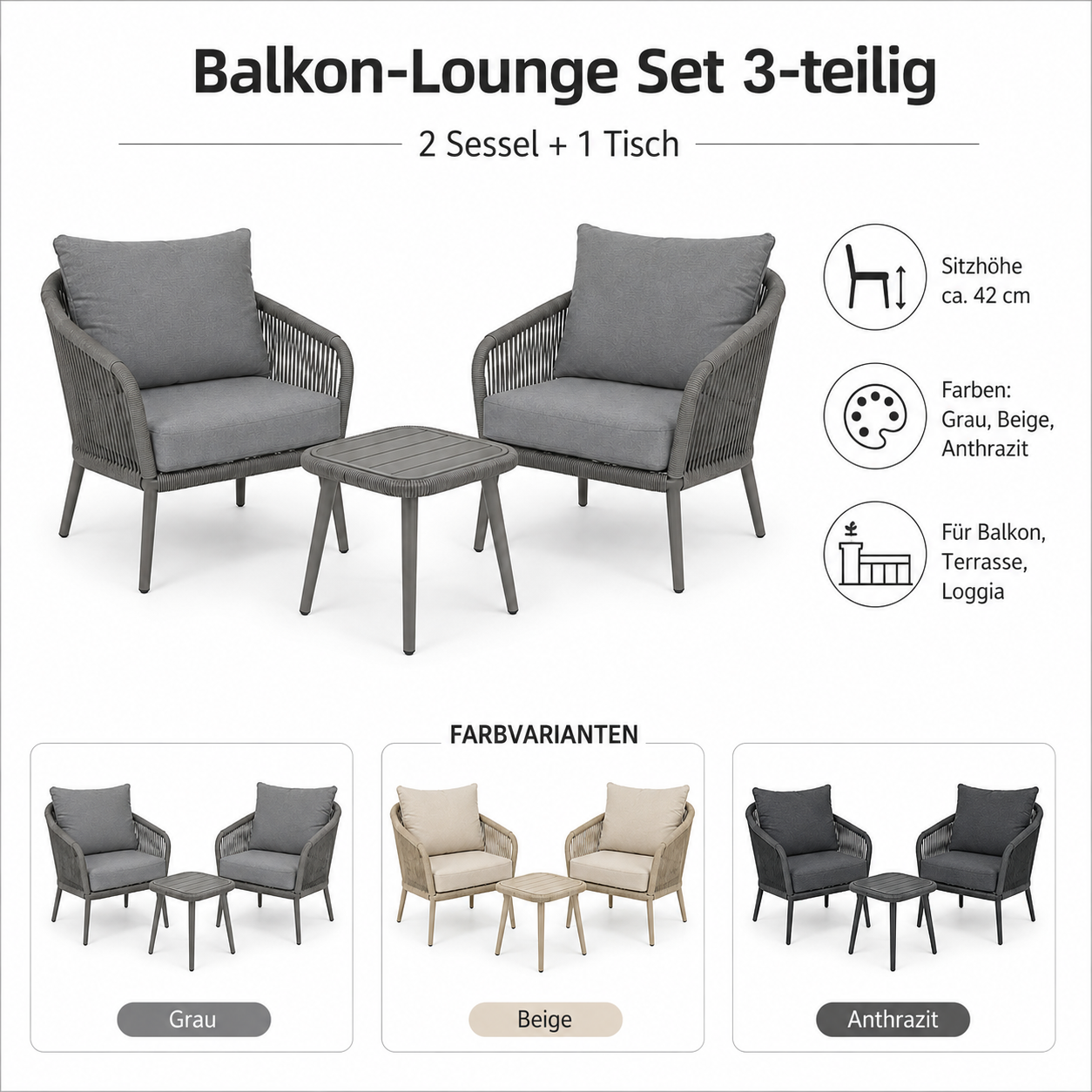 Balkon-Lounge Set 3-teilig mit Sitzhöhe 42 cm-SelviaModern