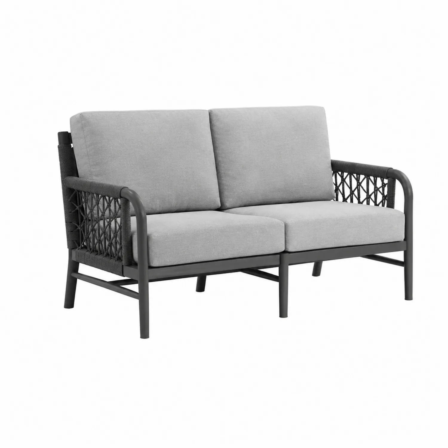 Sofa dwuosobowa z metalową ramą i szarymi poduszkami