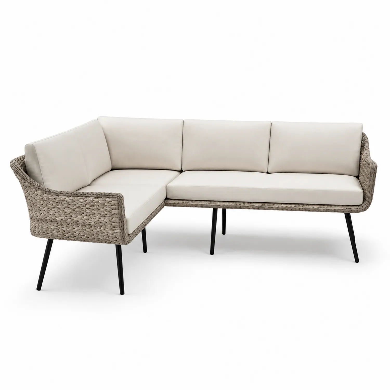 Narożna sofa wiklinowa z poduszkami na zewnątrz