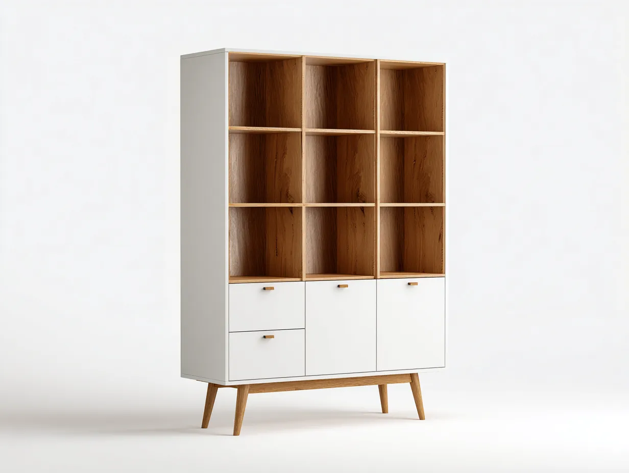 Bücherregal-MDF-Holz-122x42x168 cm-Weiß-Braun-Skandinavischer Stil-Jadiyloft