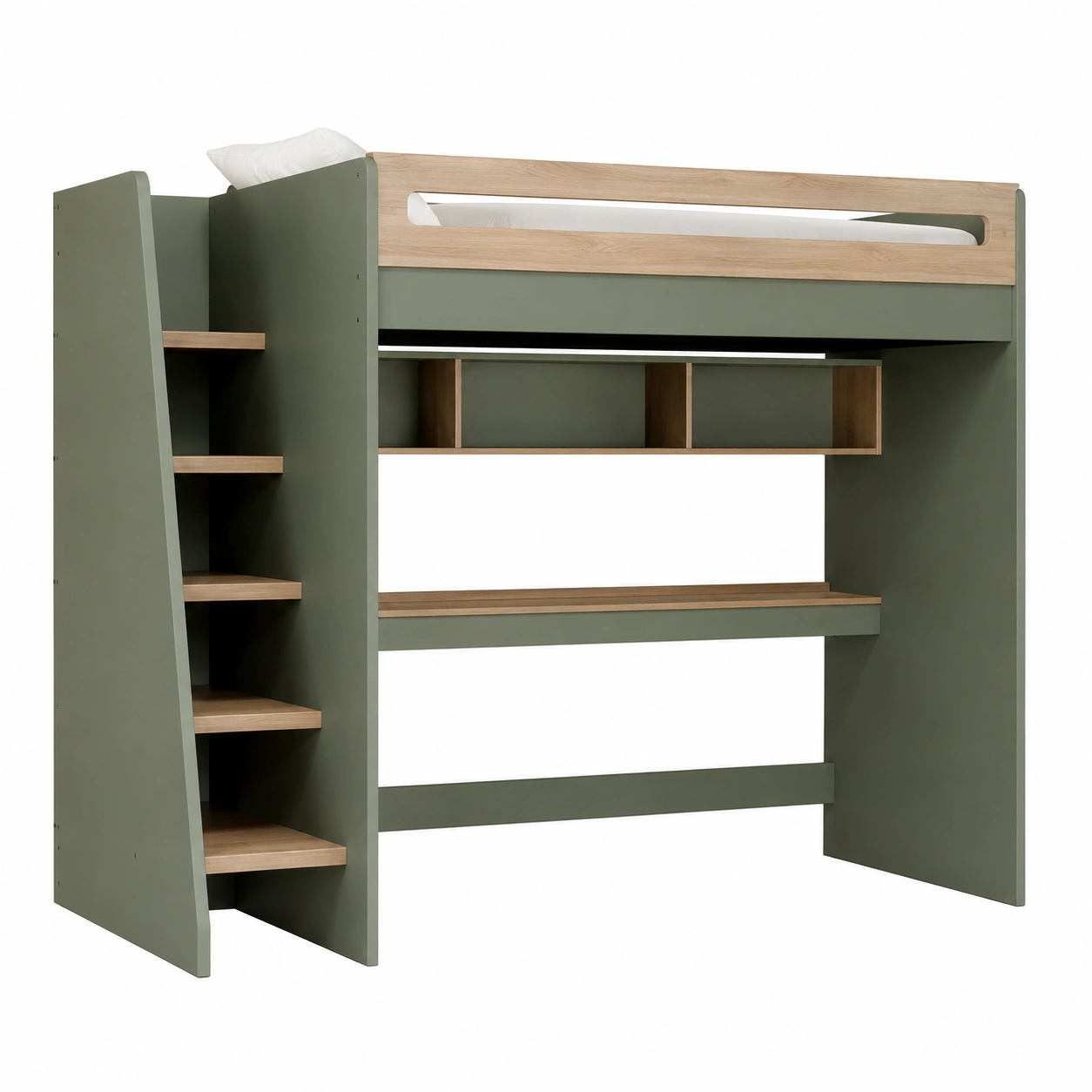 Lit mezzanine enfant vert olive avec rangements
