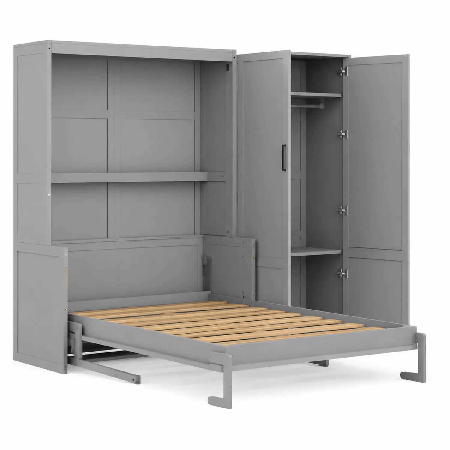 Letto a scomparsa in legno e MDF con armadio e scaffale Grigio-Brixtrivarix