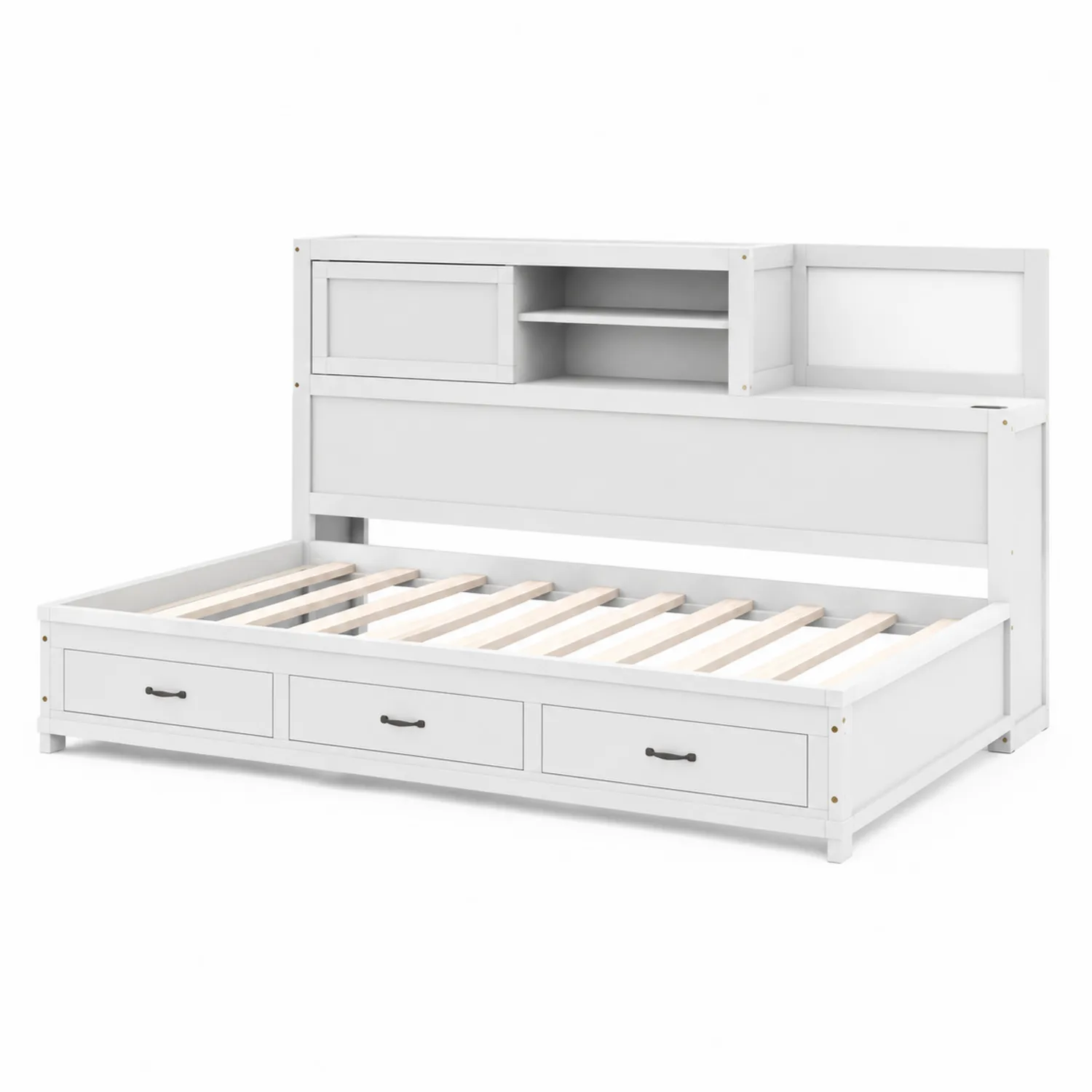 Letto in legno bianco con libreria integrata e 3 cassetti-Brixtrivarix