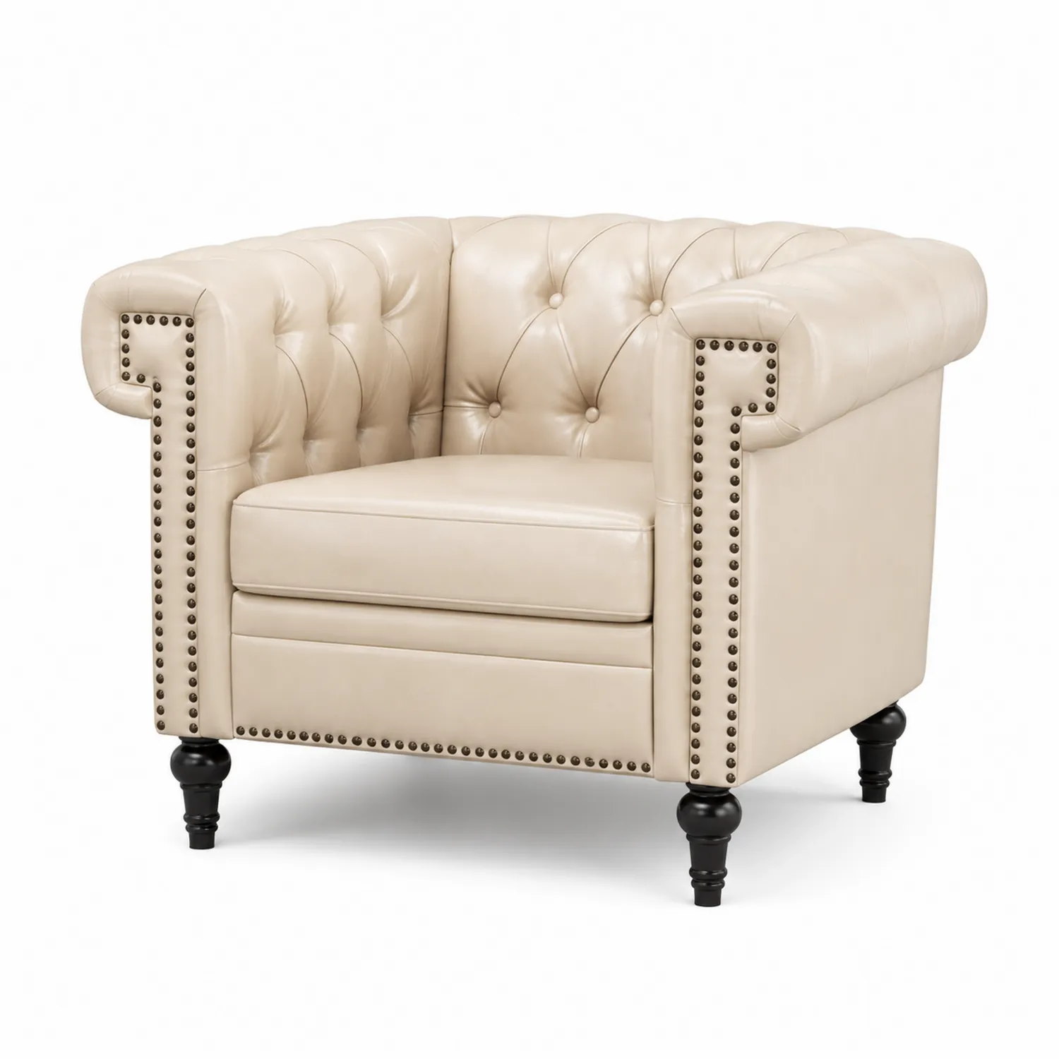 Poltrona In Pelle Beige con Borchie in Legno Massello-Brixtrivarix
