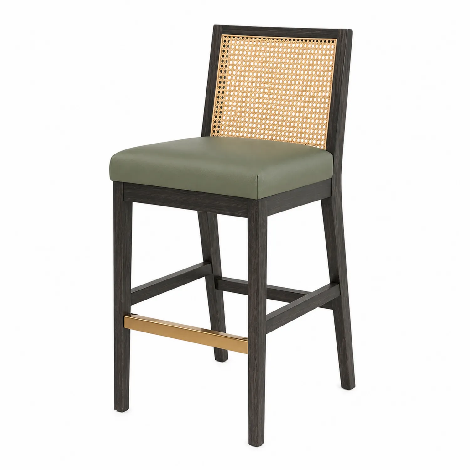 Sgabello da Bar in Legno Scuro con Seduta in Pelle Verde e Schienale in Rattan-Brixtrivarix