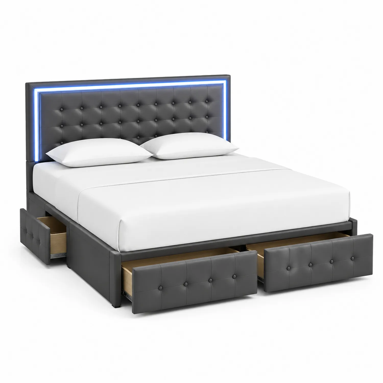 Letto in Similpelle con Cassetti e LED, Grigio, 200x160 cm-Brixtrivarix