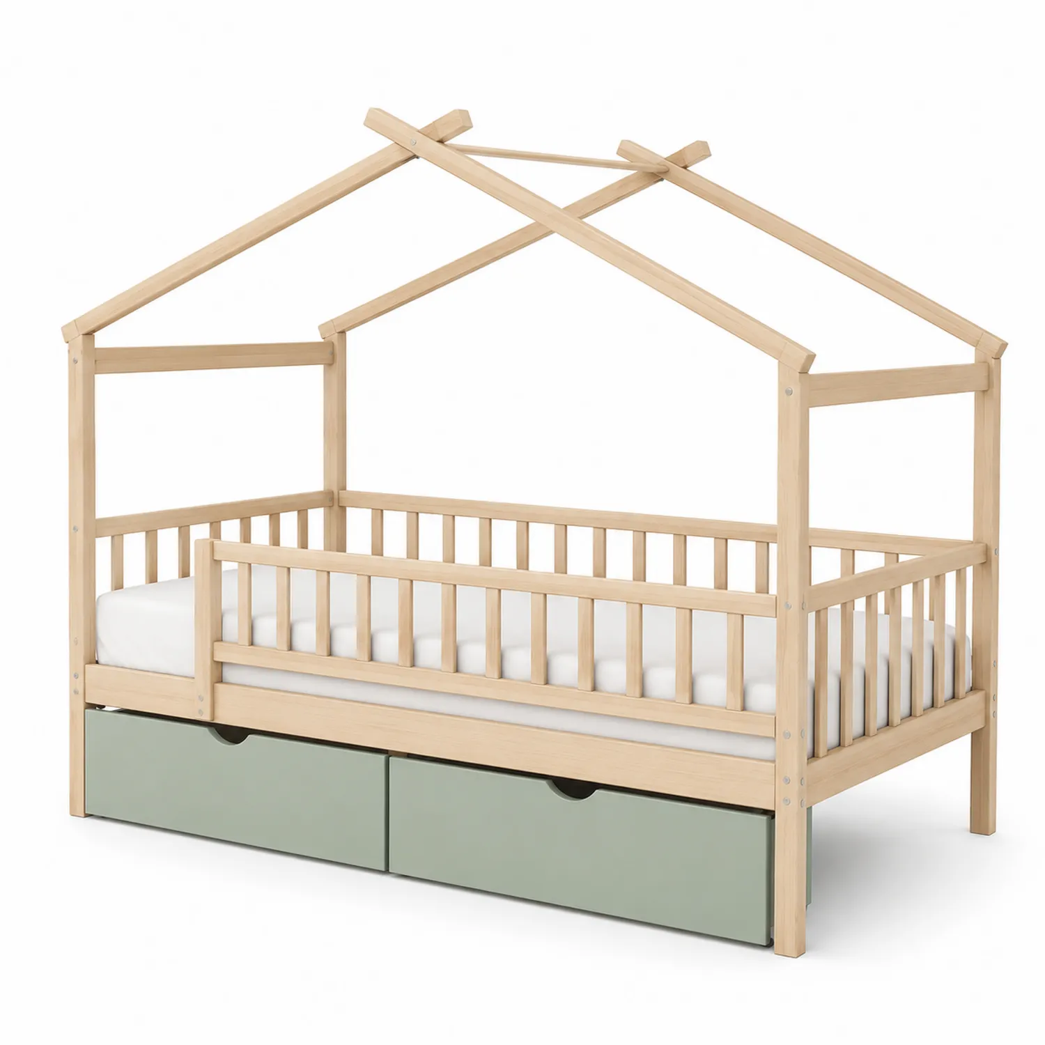 Letto in legno di pino a forma di casa con materasso e cassetti verdi-Brixtrivarix