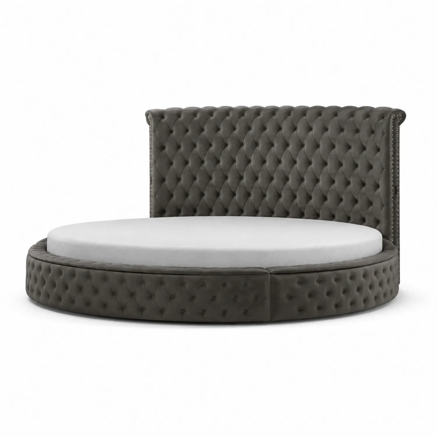 Letto rotondo imbottito in velluto grigio-Brixtrivarix