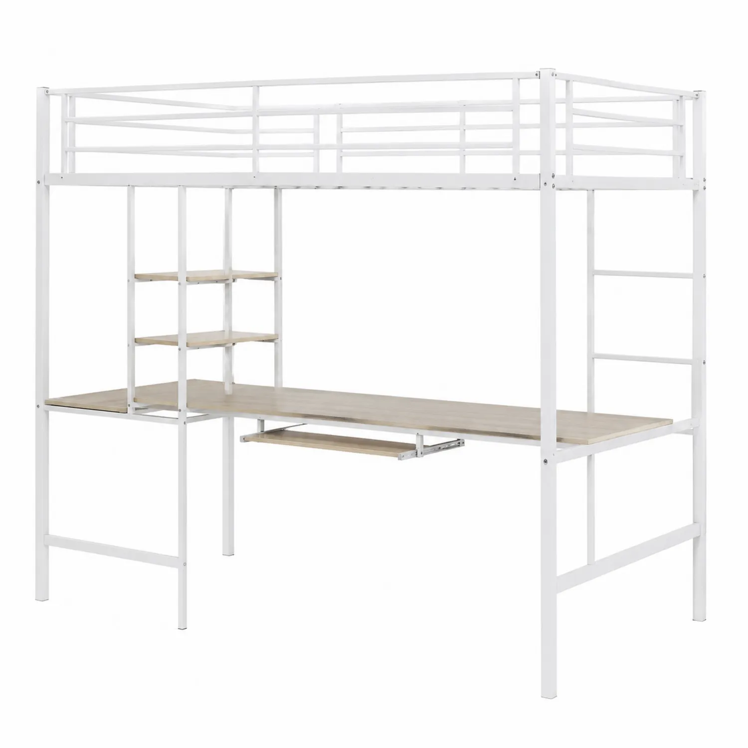 Letto a soppalco in metallo bianco con scrivania e scaffali in MDF-Brixtrivarix