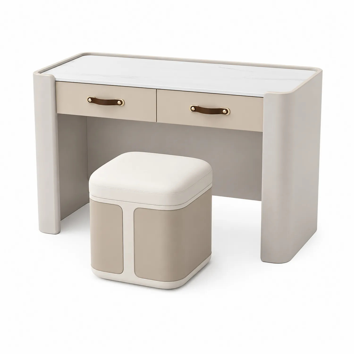 Tavolo da Toilette in MDF con Marmo Sintetico e Sgabello in Pelle Sintetica Crema-Brixtrivarix