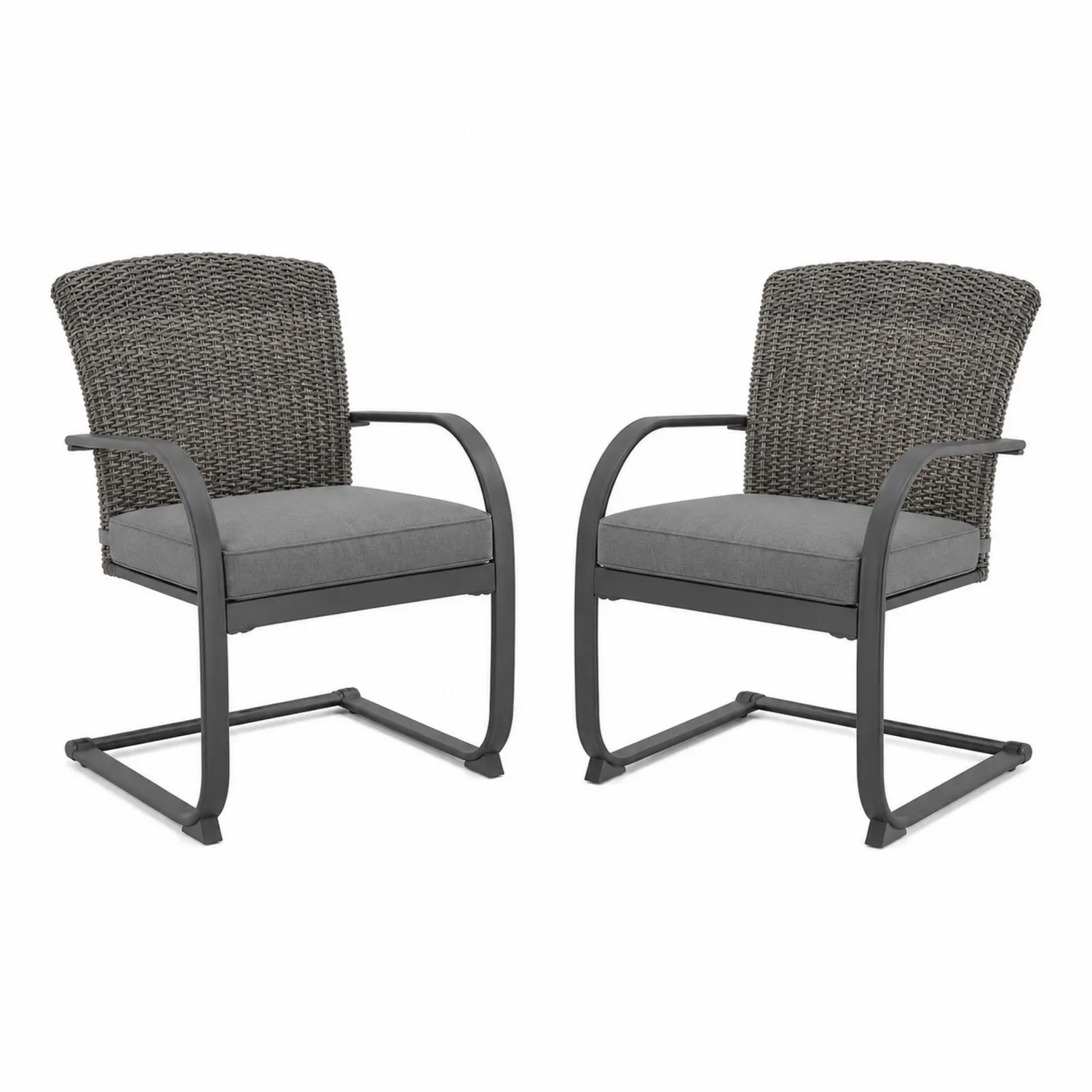 Set di 2 Sedie da Esterno in Metallo con Schienale in Rattan e Cuscini Grigi-Brixtrivarix