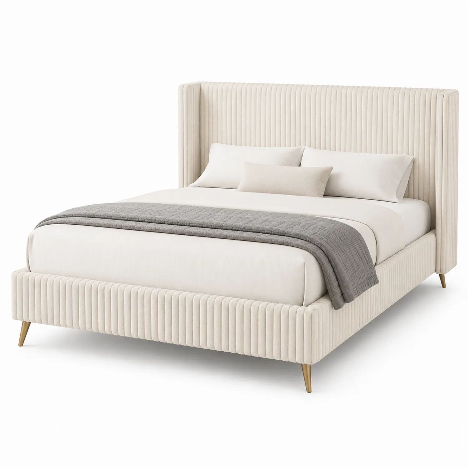 Letto Matrimoniale con Testiera Alta in Velluto Crema 200x160 cm-Brixtrivarix