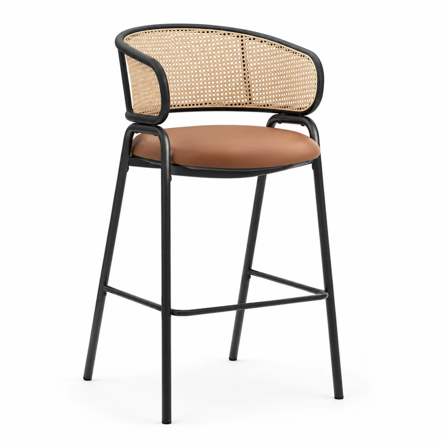 Sgabello in metallo con seduta in finta pelle e schienale in rattan-Brixtrivarix