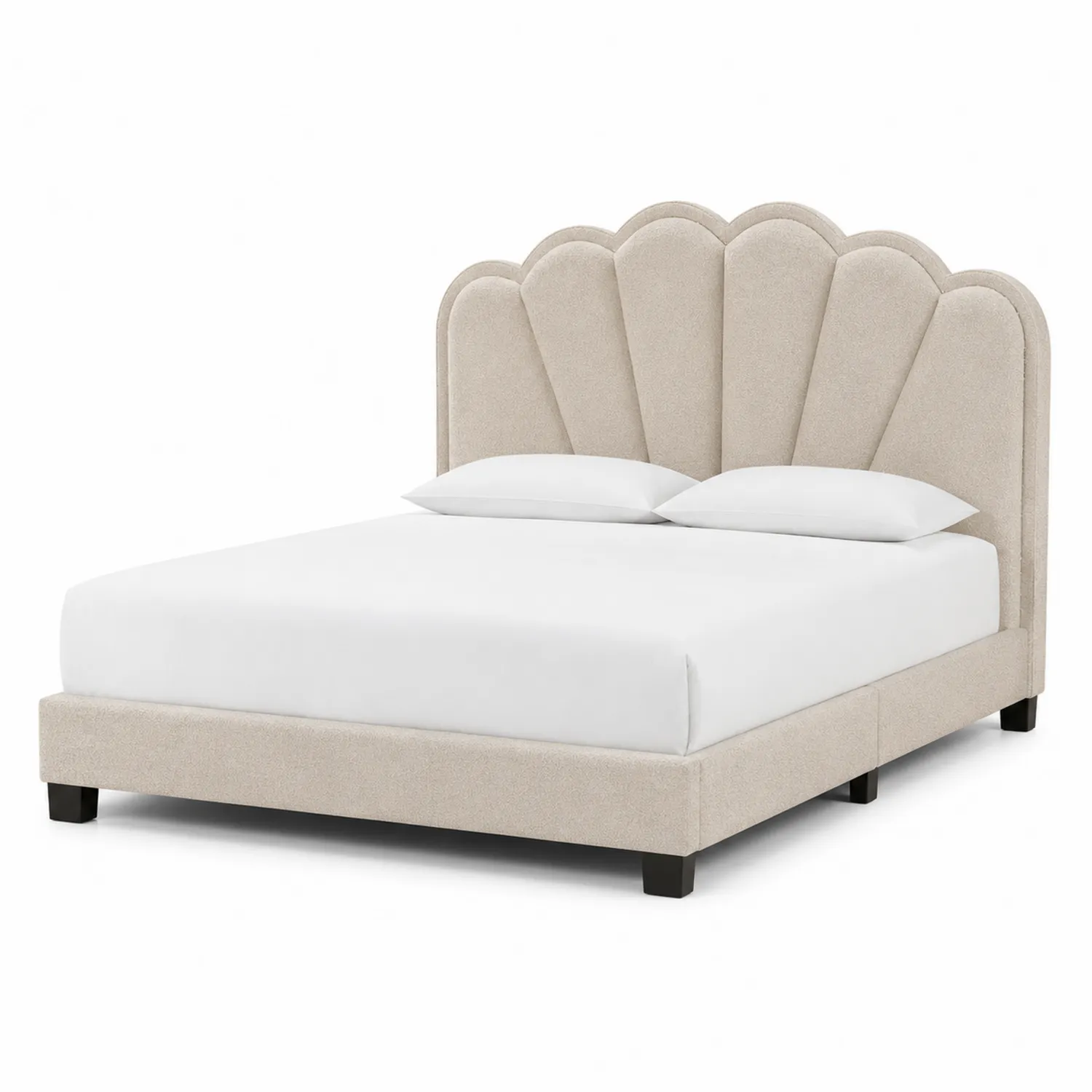 Letto imbottito beige con testiera a ventaglio in legno e tessuto-Brixtrivarix