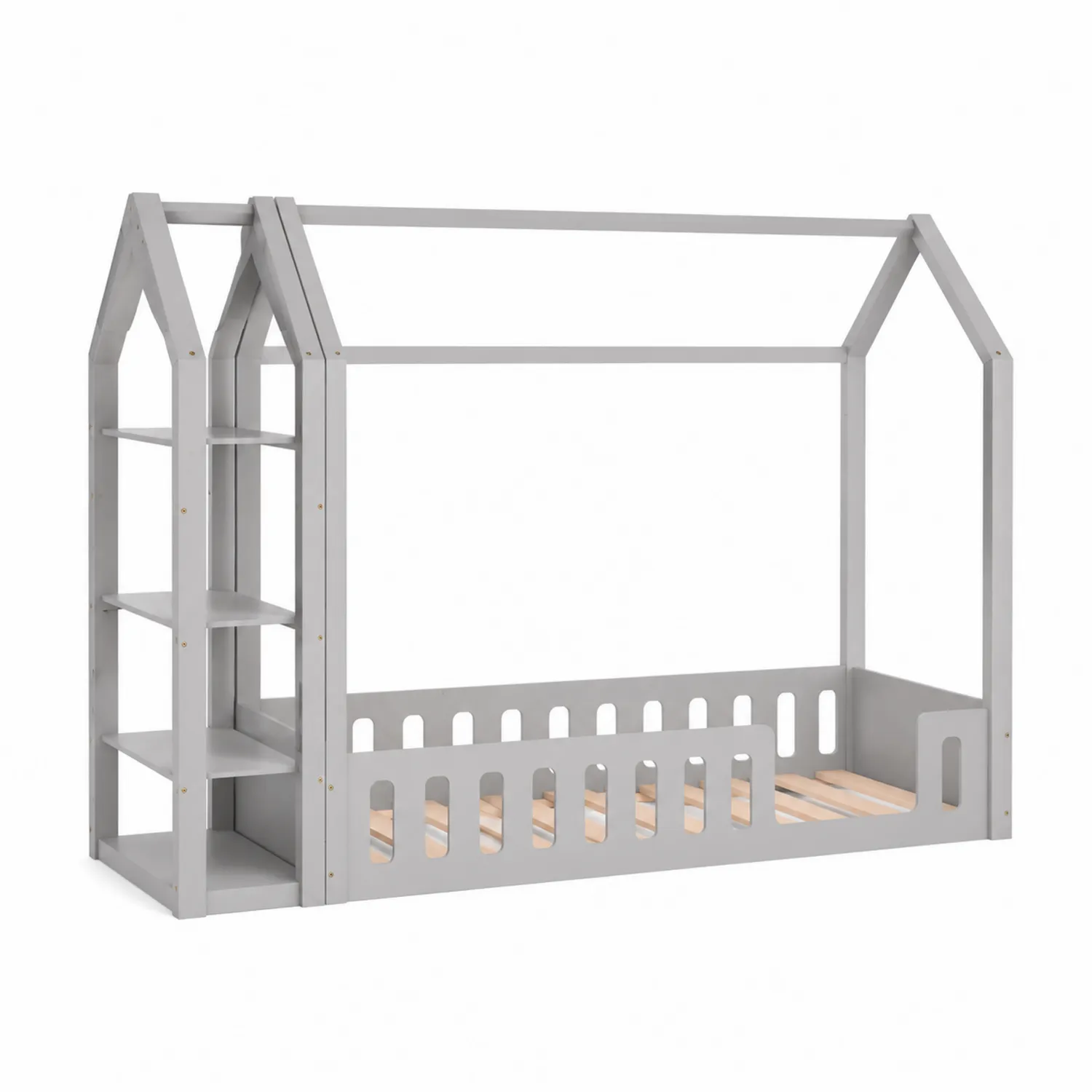 Letto per bambini in legno di pino grigio con scaffali 200x90 cm-Brixtrivarix
