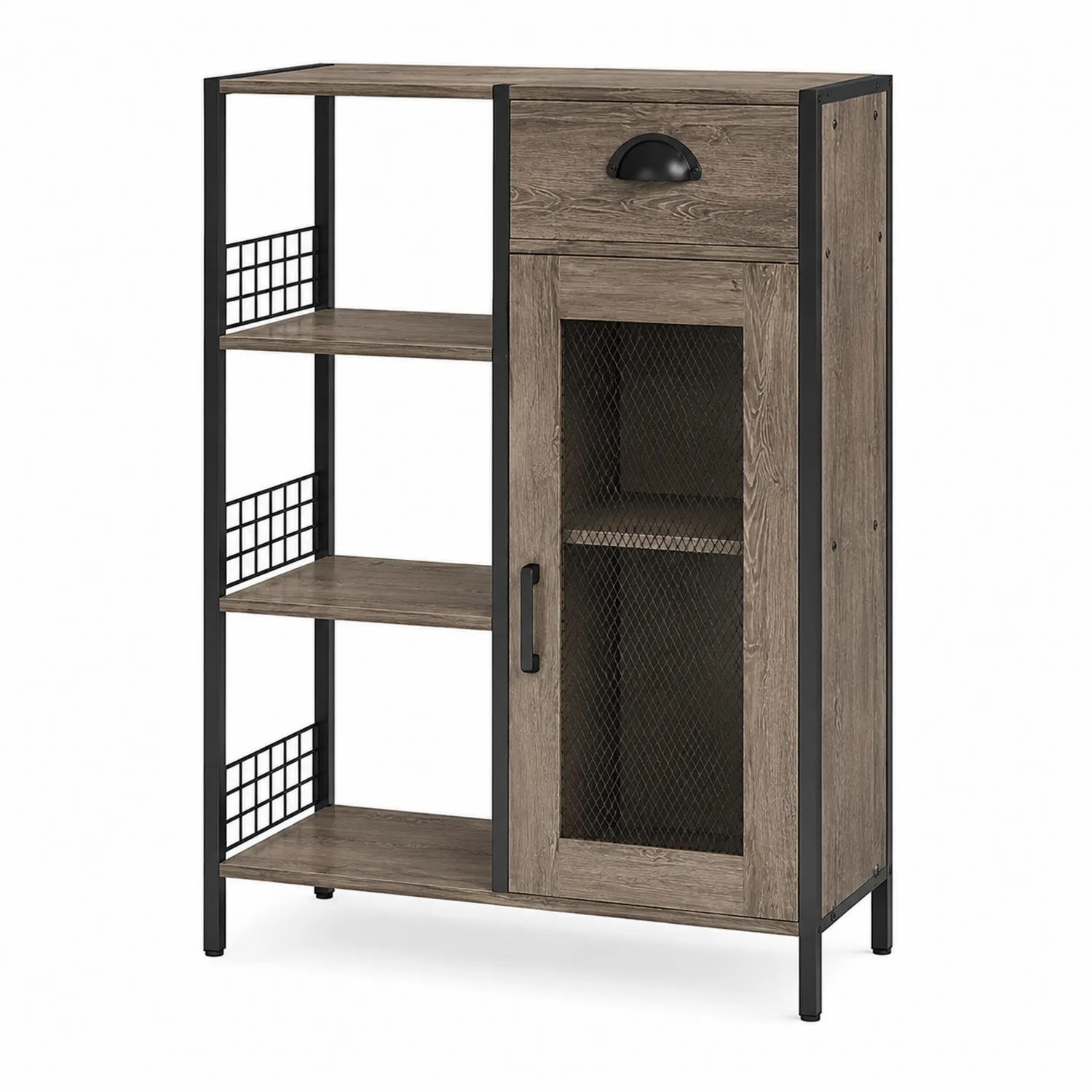 Credenza in Legno e Metallo con Ripiani e Porta a Rete 120x85x35cm-Brixtrivarix