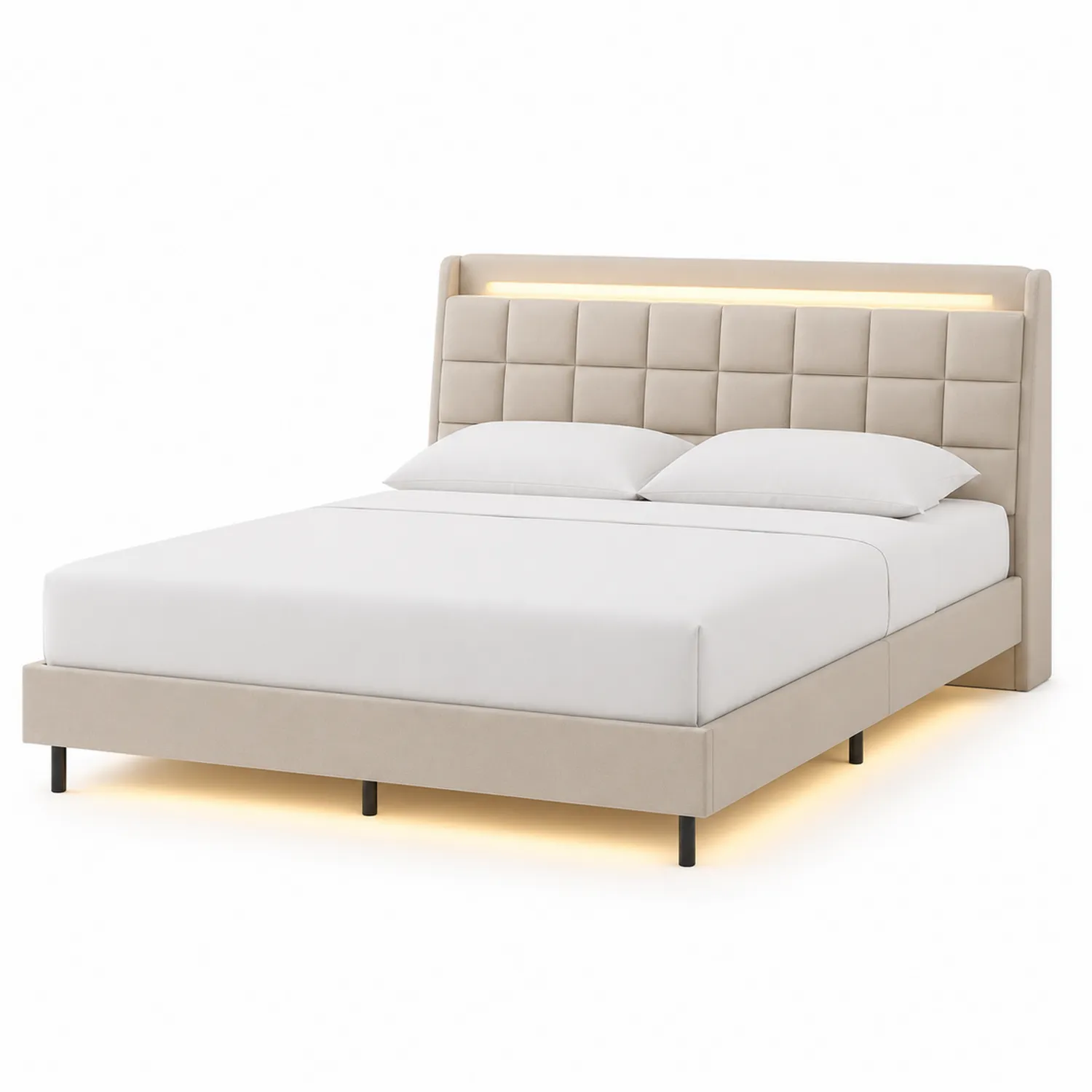 Letto matrimoniale in microfibra Beige con LED e testiera trapuntata 160x200 cm-Brixtrivarix
