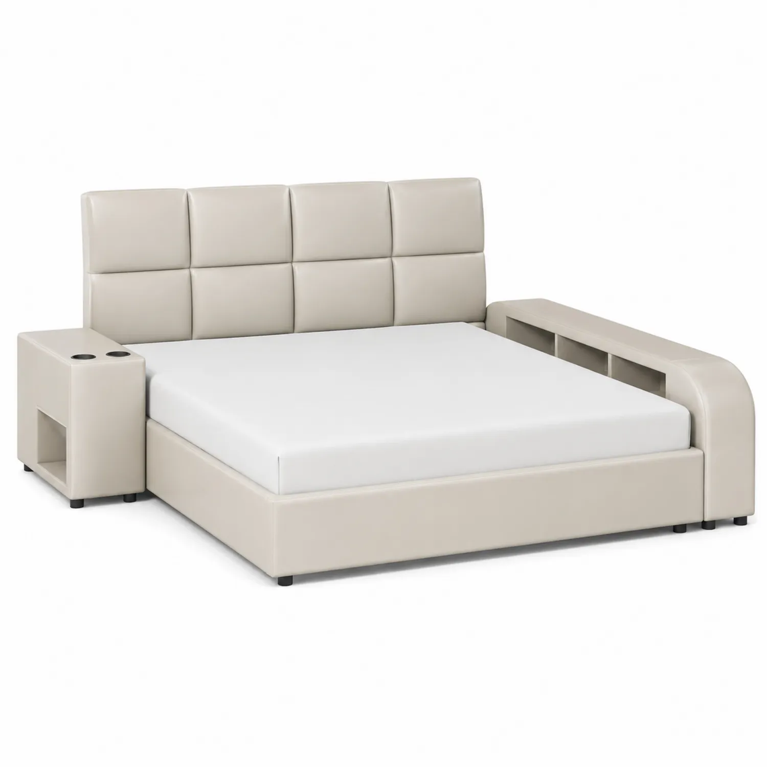 Letto matrimoniale in pelle sintetica beige con contenitore e comodini integrati-Brixtrivarix