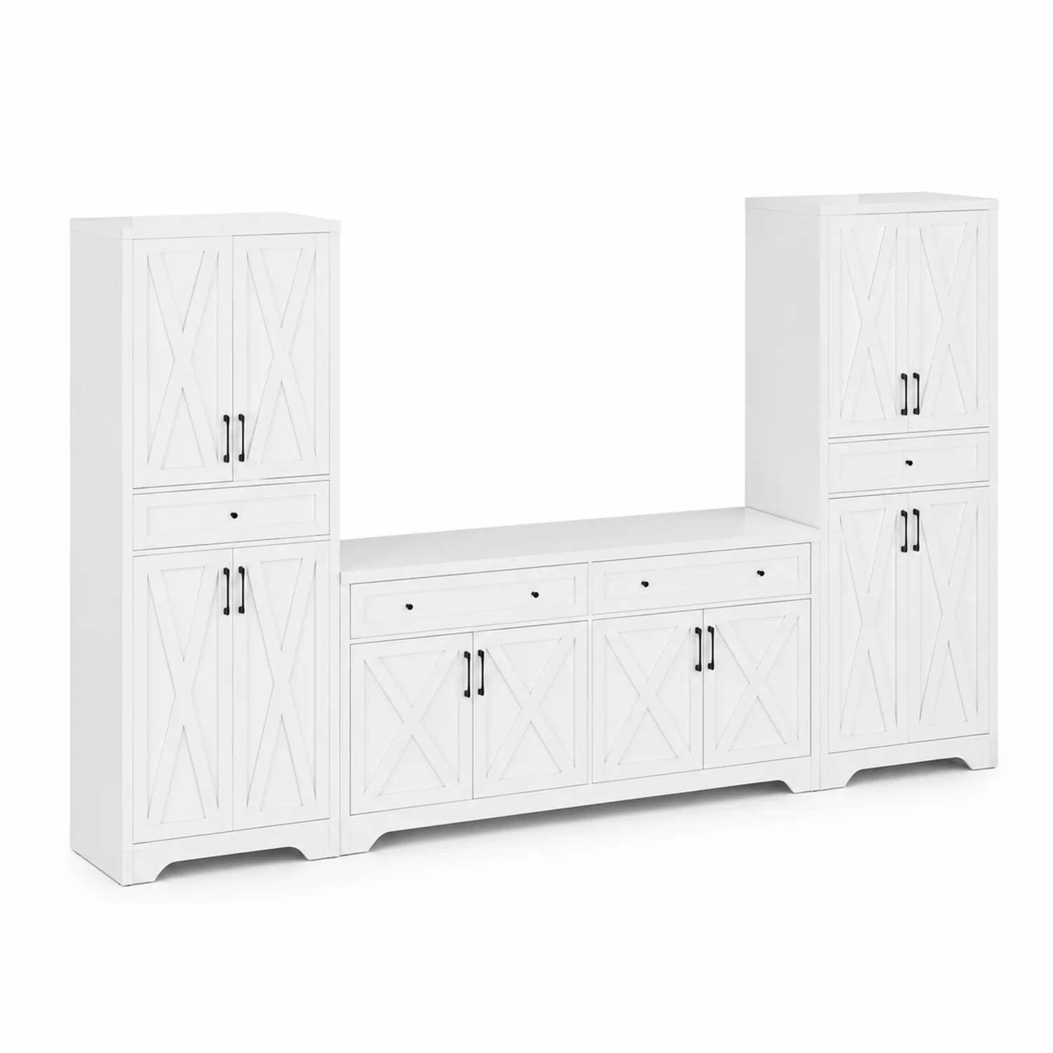 Mobile TV bianco con ante a X in MDF, 300x45x180 cm-Nordivilla