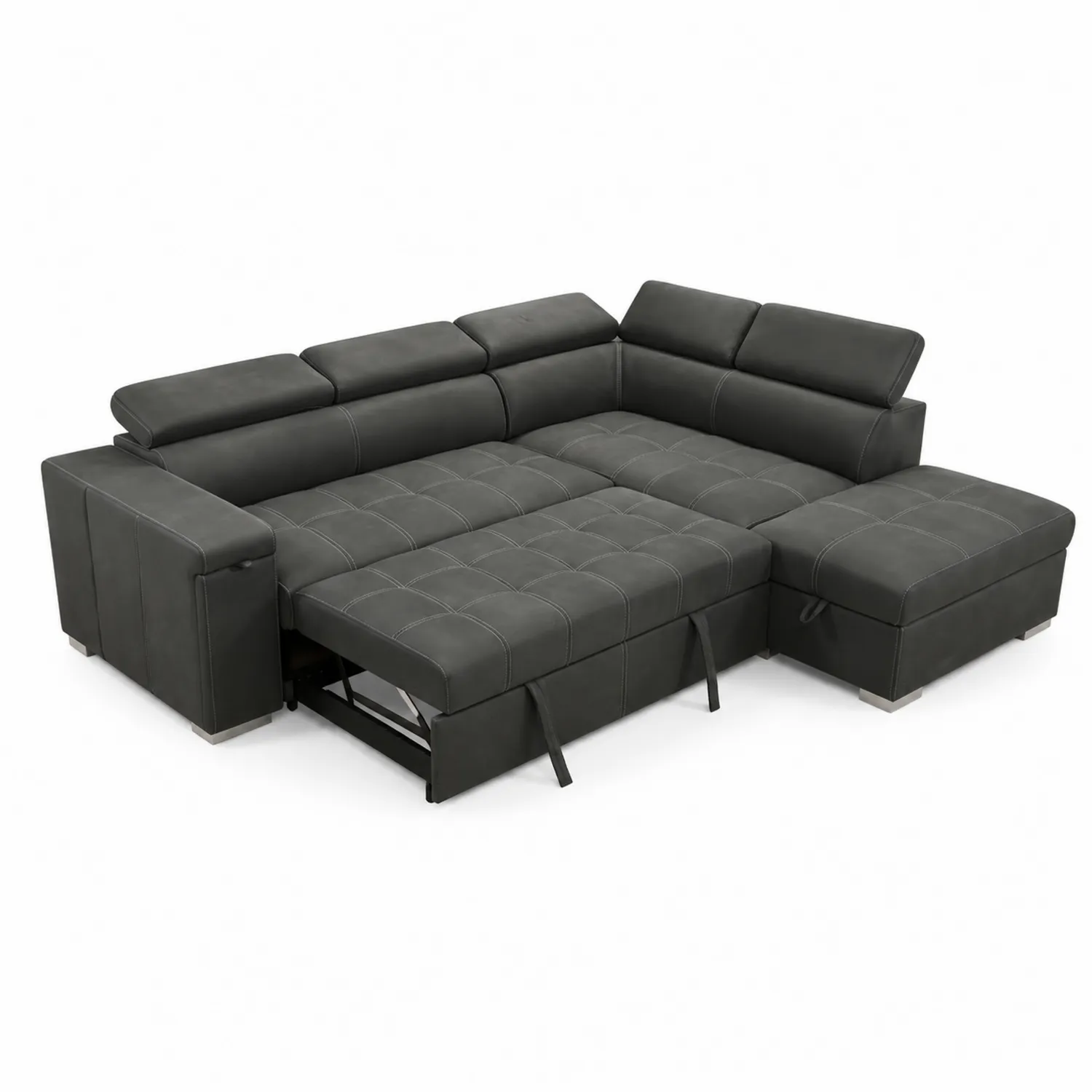 Divano angolare in pelle sintetica grigio con letto e contenitore-Nordivilla