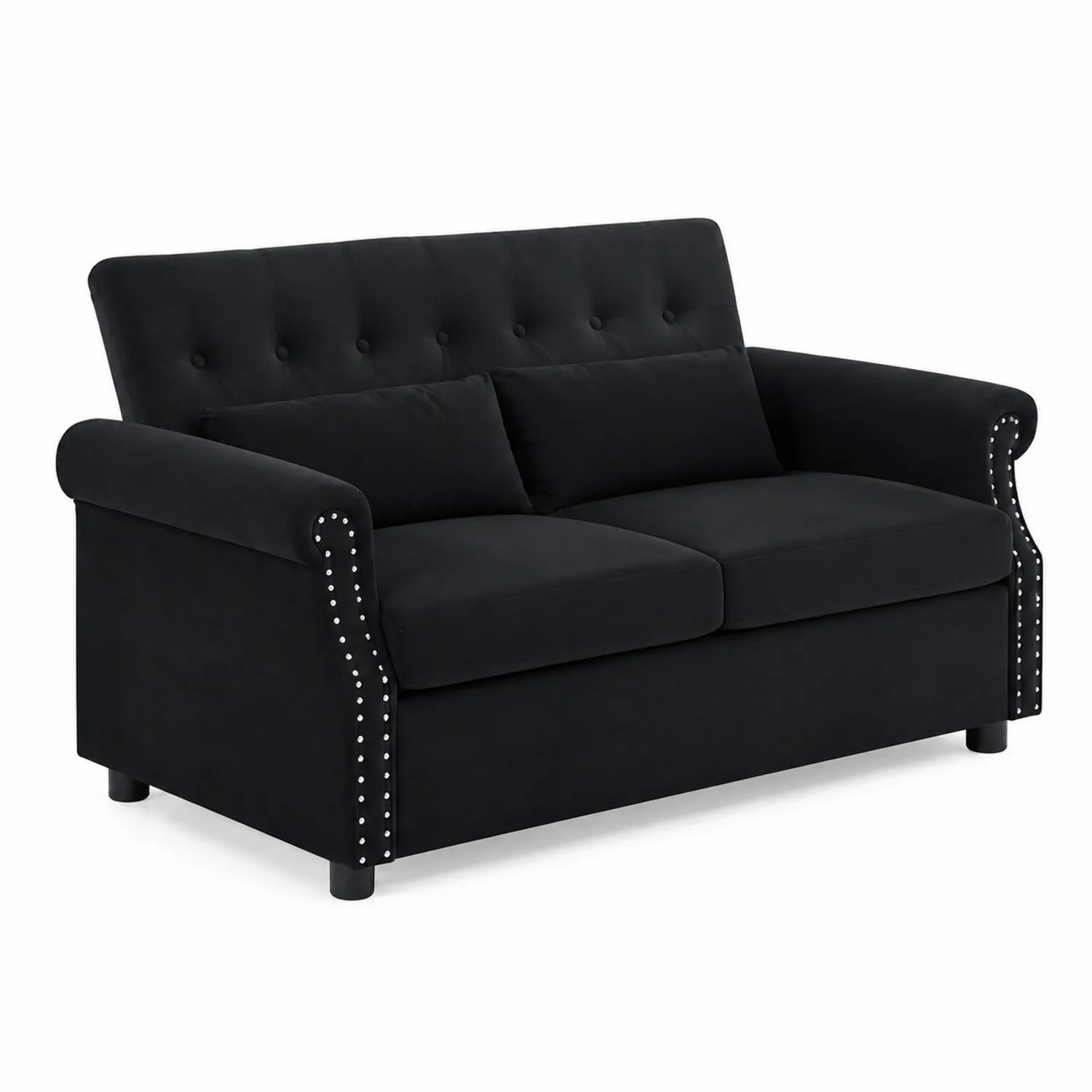 Divano Loveseat in Velluto Nero con Bottoni e Borchie-Nordivilla