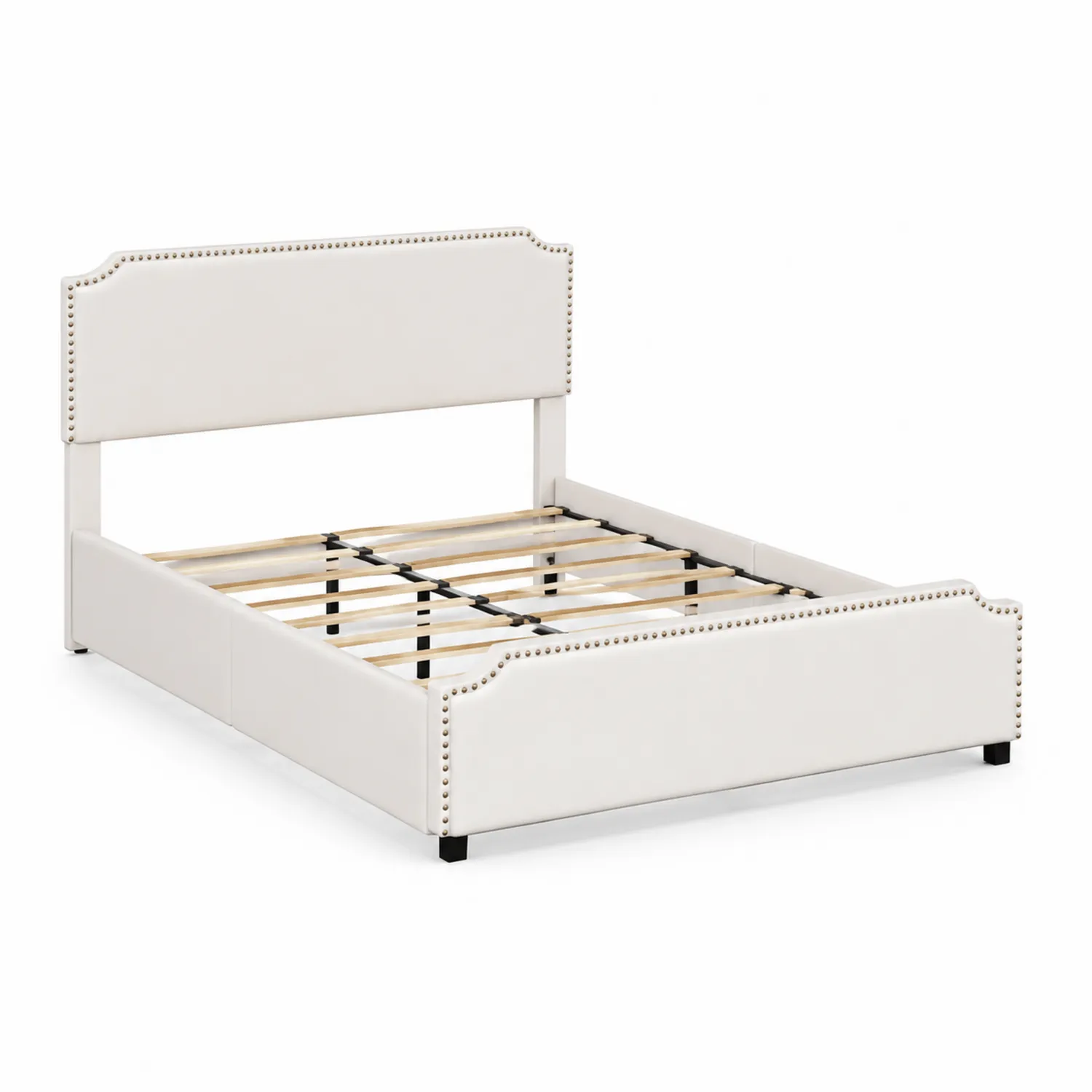 Letto Matrimoniale in Legno con Rivestimento in Pelle Sintetica Bianca e Rivetti-Nordivilla