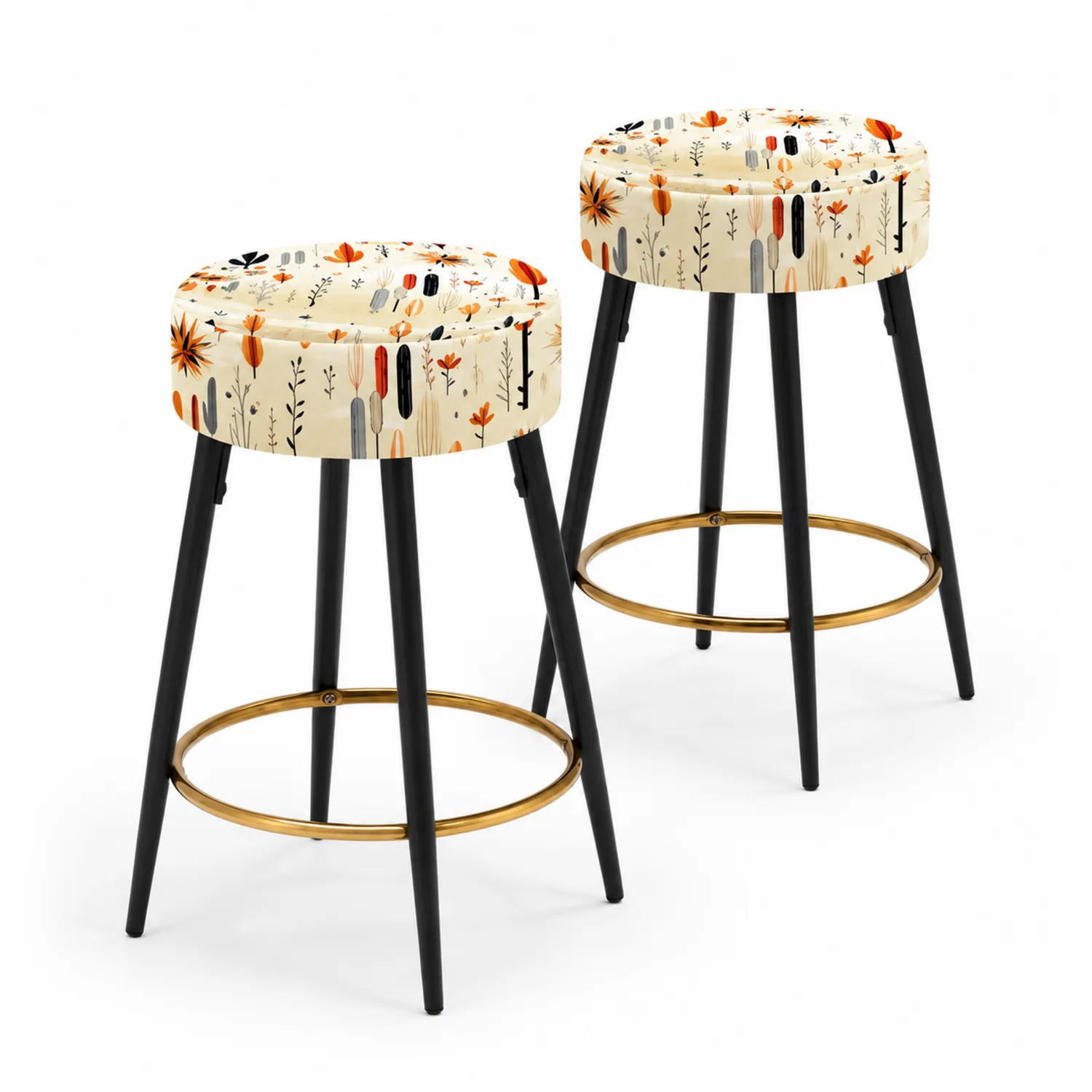 Set di 2 sgabelli da bar in tessuto floreale con gambe in metallo nero e anello in ottone-Nordivilla