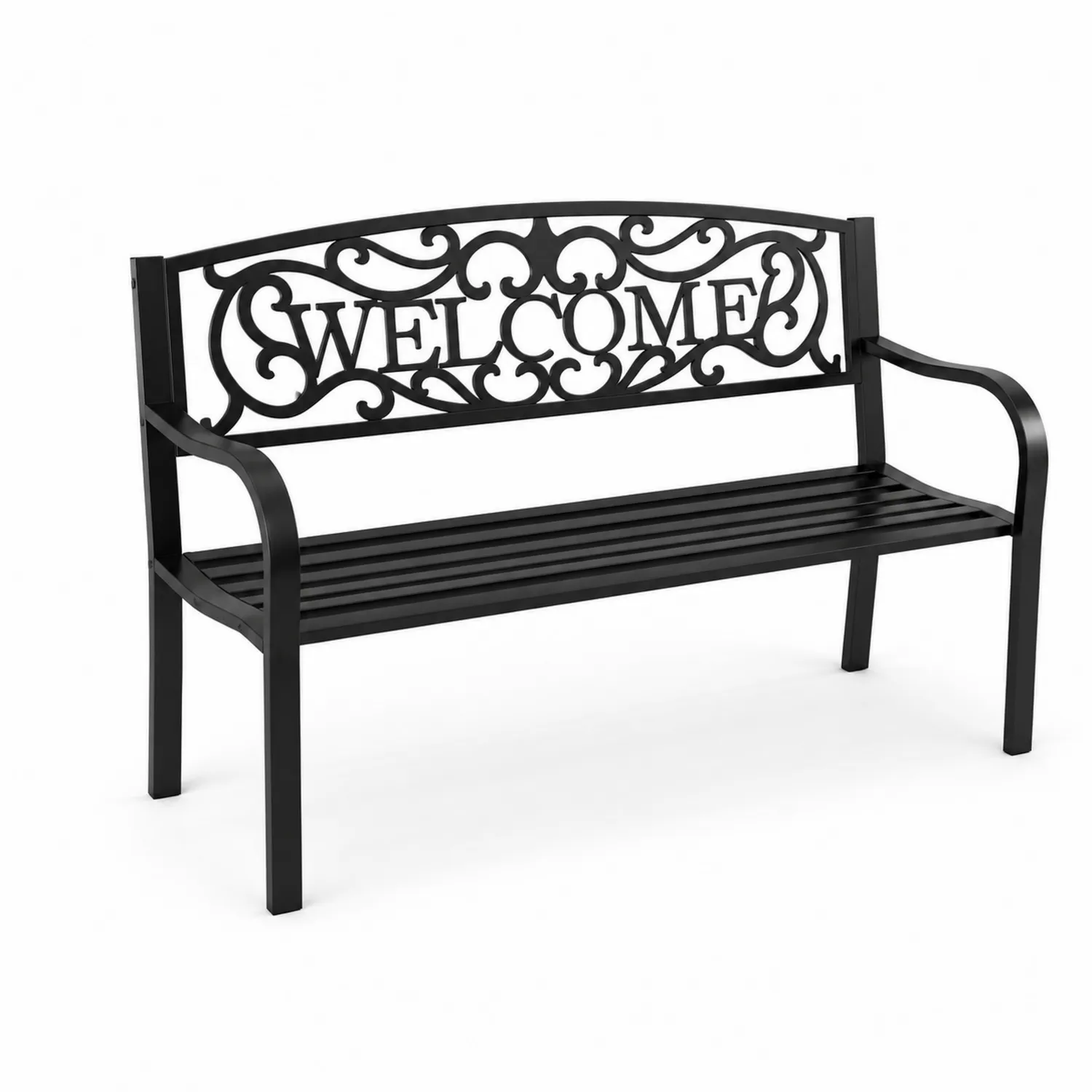 Panca da giardino in metallo nero con schienale decorativo-Nordivilla