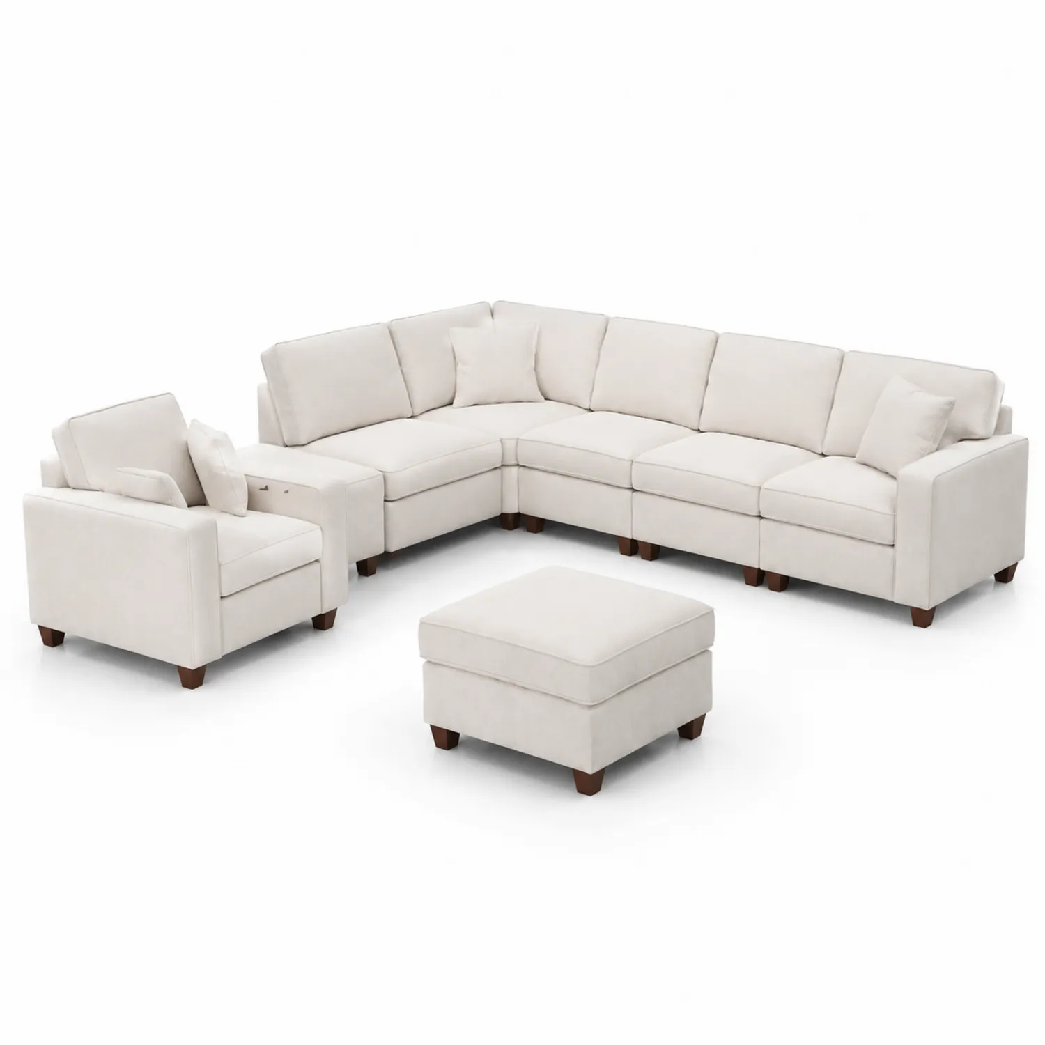 Divano angolare modulare in tessuto con poltrona e pouf Beige-Nordivilla