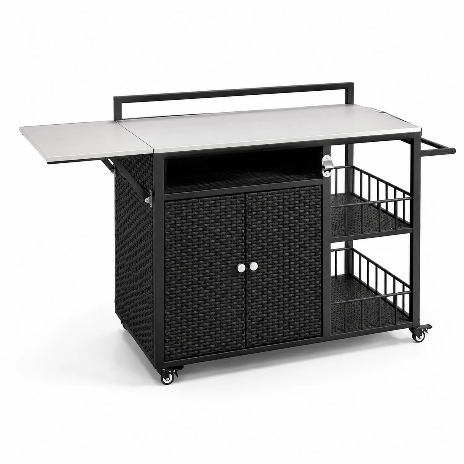 Carrello cucina da esterno in acciaio e rattan sintetico nero-Nordivilla