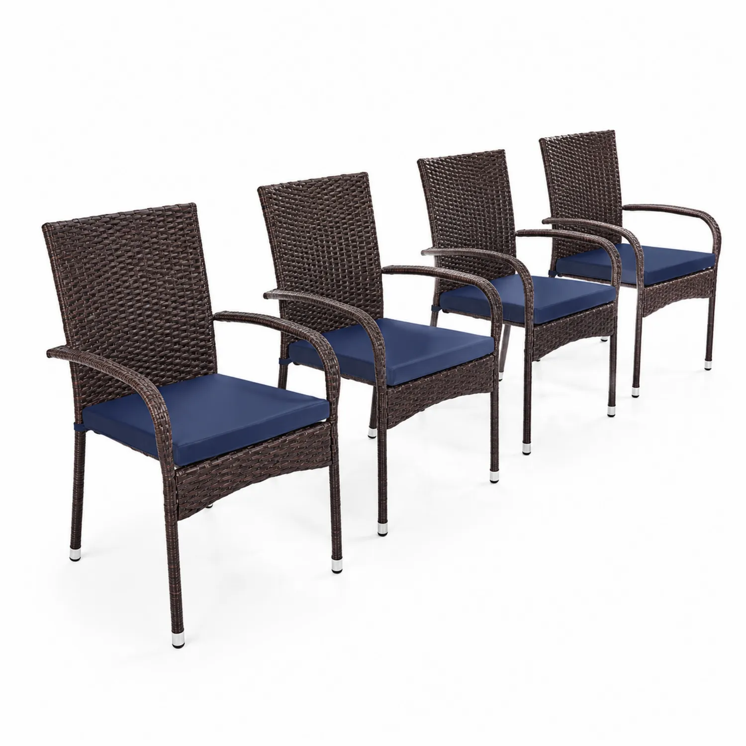 Set di 4 sedie da giardino in rattan con cuscino blu-Nordivilla