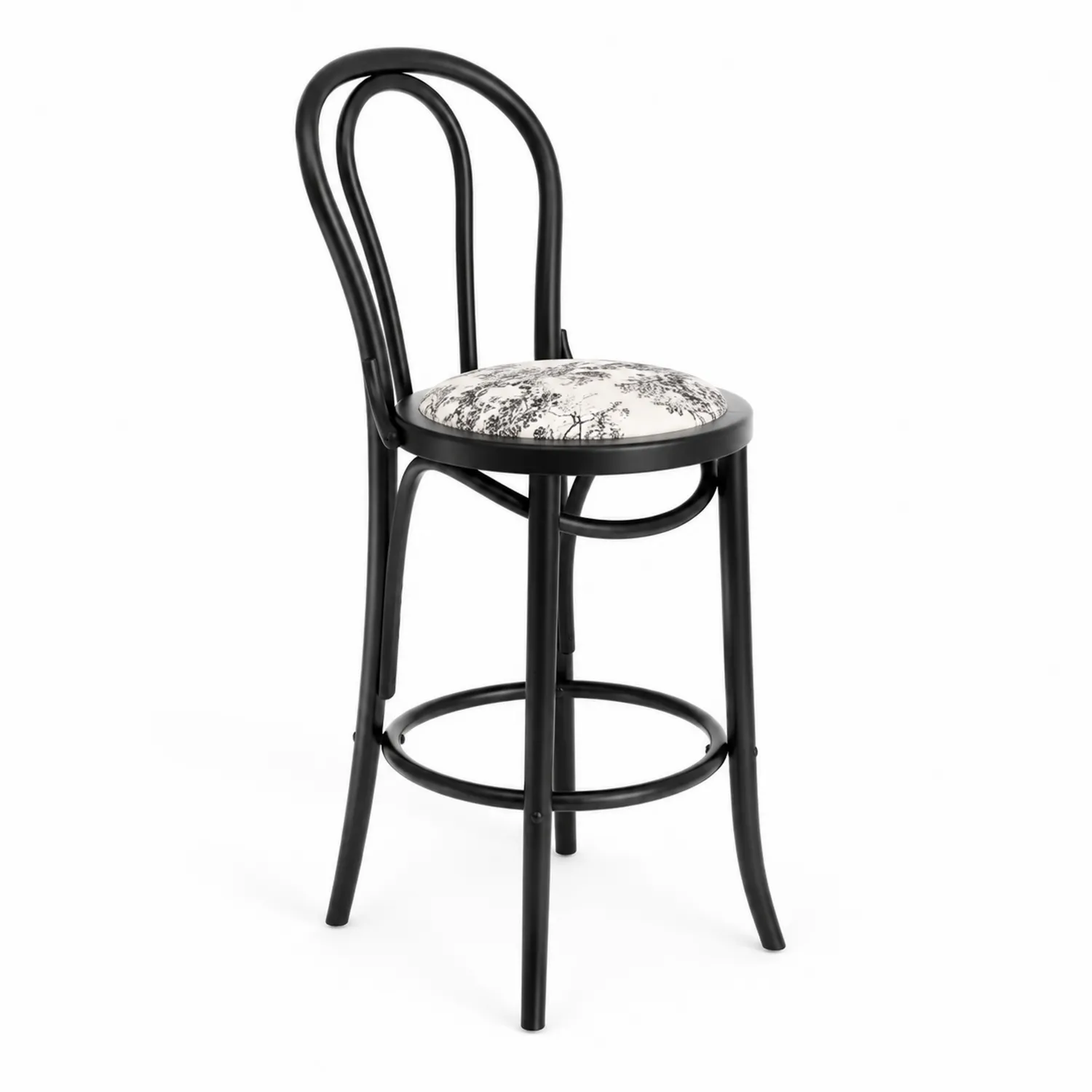 Sgabello da bar in legno curvato nero con seduta in tessuto floreale 75cm-Nordivilla