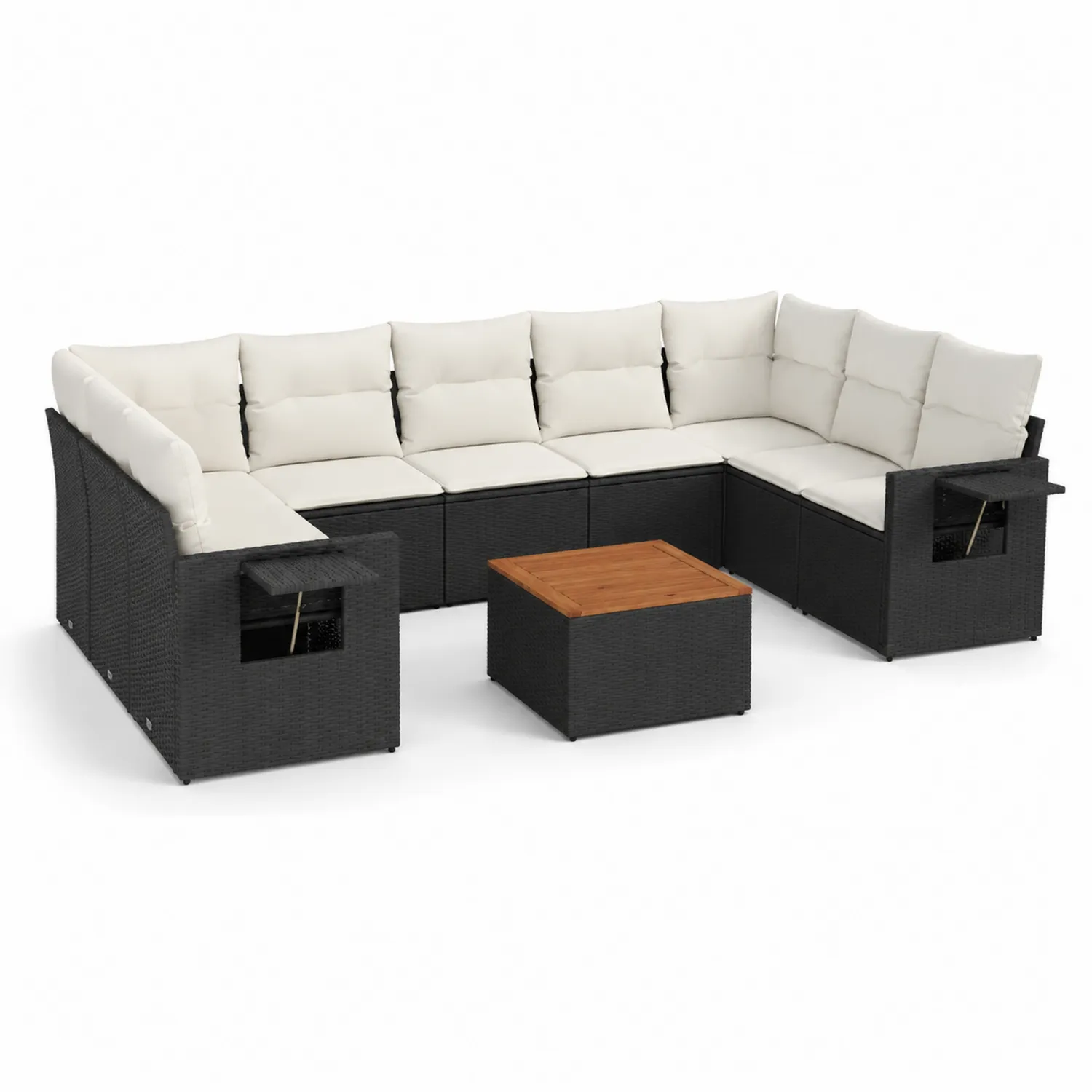 Set angolare da giardino in rattan PE nero con tavolo in legno, 7 pezzi-Nordivilla