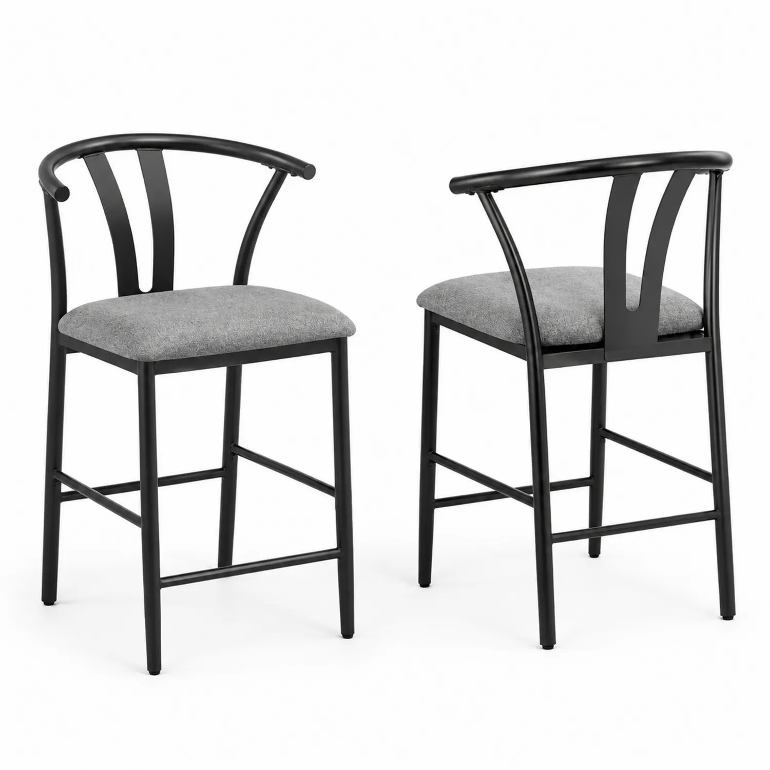 Set di 2 sgabelli da bar con schienale curvo in tessuto grigio e metallo nero-Nordivilla